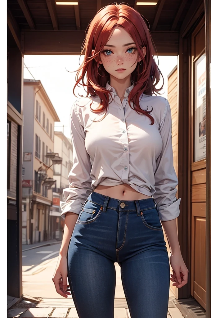 Generate an image depicting a red-haired woman with freckles and blue eyes in a cowboy aesthetic, en utilisant une perspective de tir de cow-boy. Détaillez sa tenue avec une chemise à carreaux nouée pour exposer une partie de son ventre, complemented by denim jeans, to l&#39;interior, et des bottes de cowboy classiques. Placez-la dans un paysage occidental, baigné dans les tons chauds d&#39;a cinematic sunset. Implémenter des effets visuels tels que le clair-obscur, profondeur de champ, and cinematic lighting to enhance the overall composition from the cowboy&#39;s point of view. Assurez-vous que le portrait capture un mélange d&#39;allure moderne et de charisme du Far West.. Use a variety of SeaArt keywords for each category to&#39;enrich the representation, combining a technical approach with an aesthetically captivating scene.