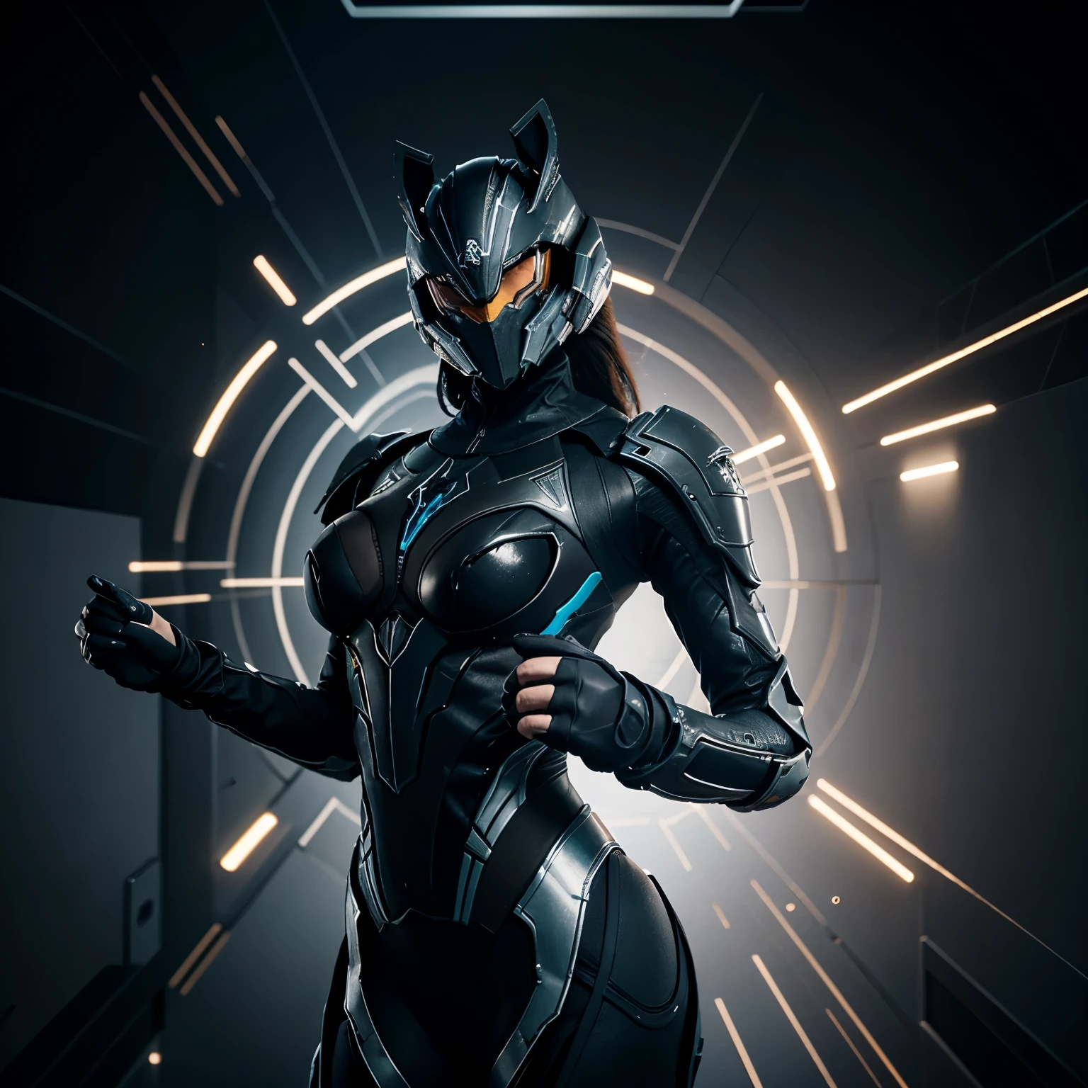anthropomorphic female cybernetic panther, backlit, ancient teleporter arch in the background, unearthly glowing, uv lights, detailed background