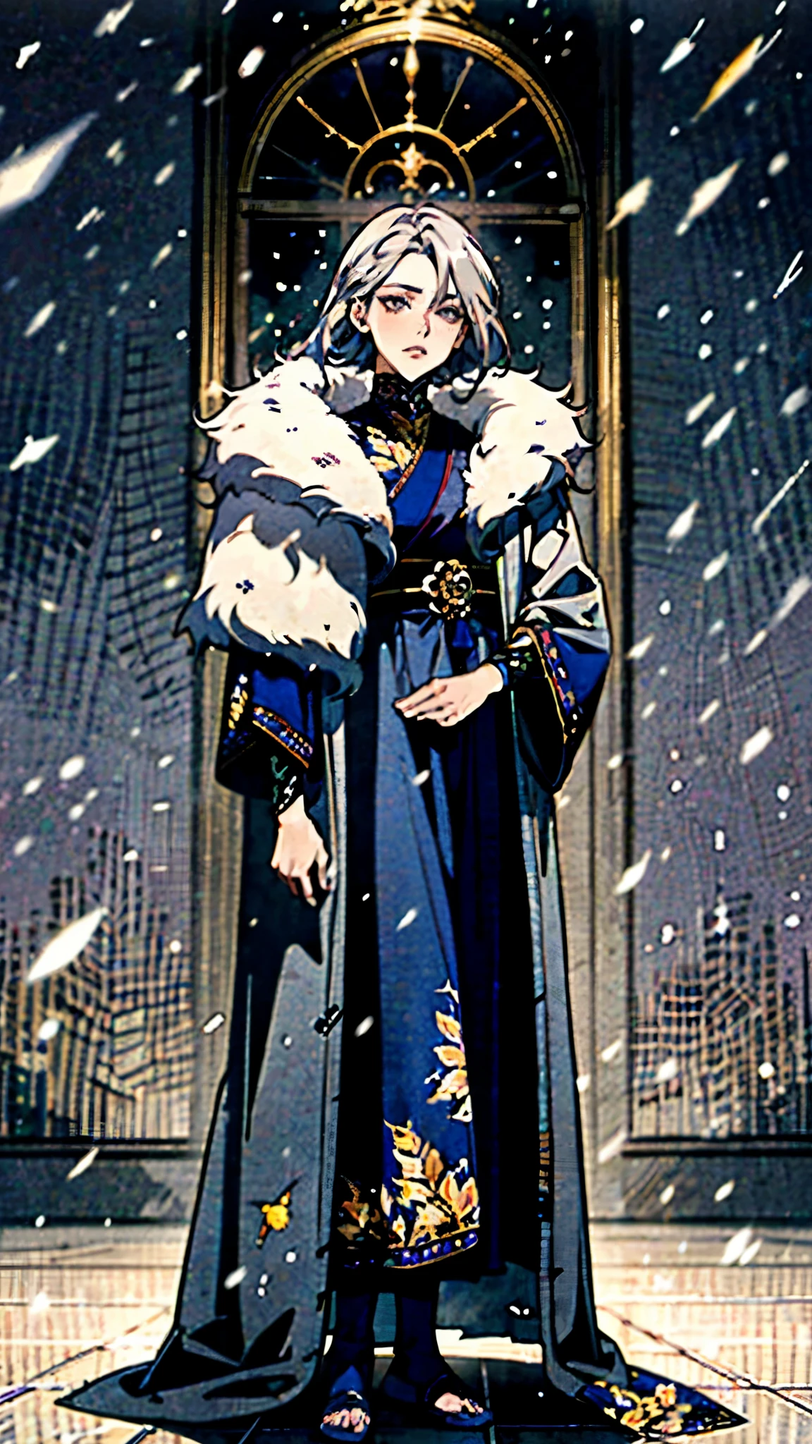 A woman with short silver-gray hair, thick bangs covering the right half of her face, delicate features, a serene expression, a simple floor-length gray-blue robe, with a thick white fur coat worn over it, long sleeves patterned like animal skeletons, standing amidst the falling snow of the mountains, this character embodies a finely crafted fantasy martial arts-style female cultivator in anime style, exquisite and mature manga art style, high definition, best quality, highres, ultra-detailed, ultra-fine painting, extremely delicate, professional, anatomically correct, symmetrical face, extremely detailed eyes and face, high quality eyes, creativity, RAW photo, UHD, 32k, Natural light, cinematic lighting, masterpiece-anatomy-perfect, masterpiece:1.5