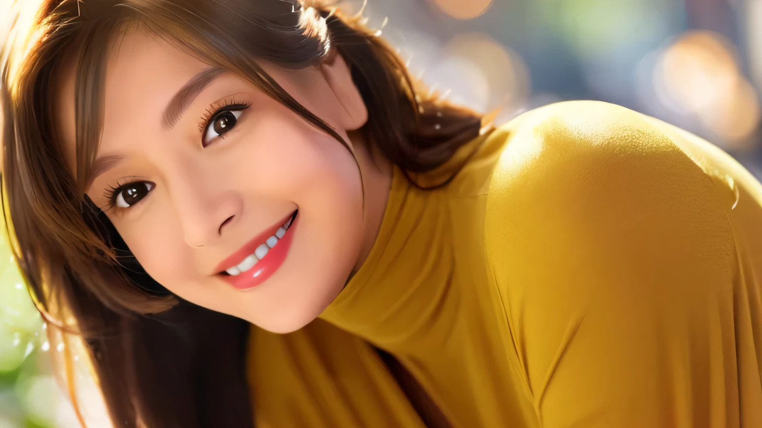 1 female、28 years old、Adult and realistic face、round face、beautiful hair, shortcut、brown hair、 dark and beautiful big slanted eyes,Eye color is yellow、 Are you okay、A big smile full of softness、Natural Color Lipstick、small bust、 Slim and slender body shape、yellow long sleeve turtleneck、