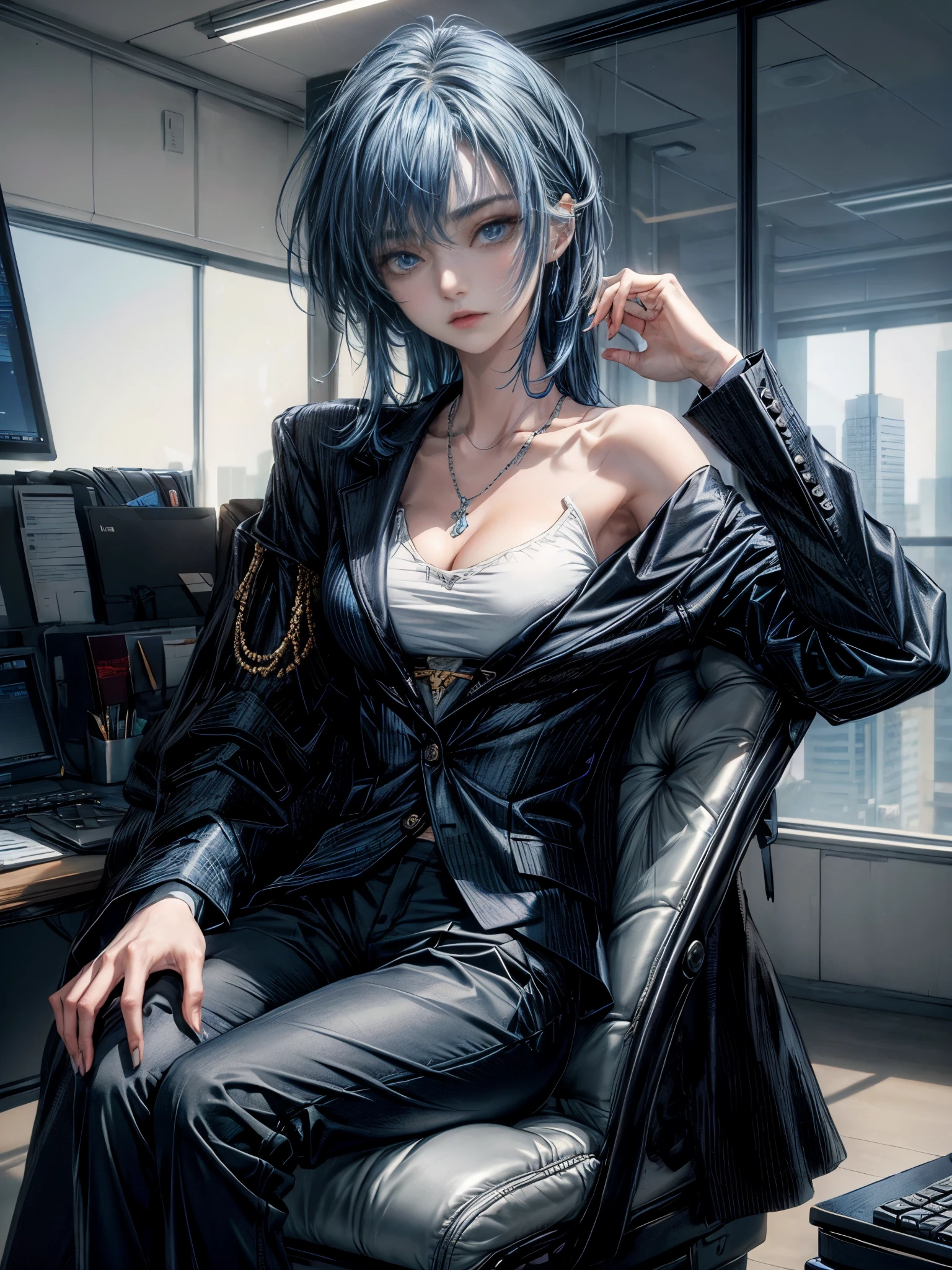cinematic lighting、highest quality,cyberpunk world、1 female、(BLUE color theme:1.4)(20 year old beautiful woman、Detailed beautiful facial features、medium hair、blue hair、shoulder length hair、blue eyes:1.4)break,BREAK.Office style BREAK
(Cool Black blazer:1.4) paired with (dark Gray slim trousers:1.2) and (White color shirt👔:1.2) Accessorized with (Cross necklace), (C cup breasts:1.3)
BREAK.(daytime、Morning)(Stylish futuristic office、Working at a desk in an office with windows that let in sunlight、☕️、sitting in a chair)