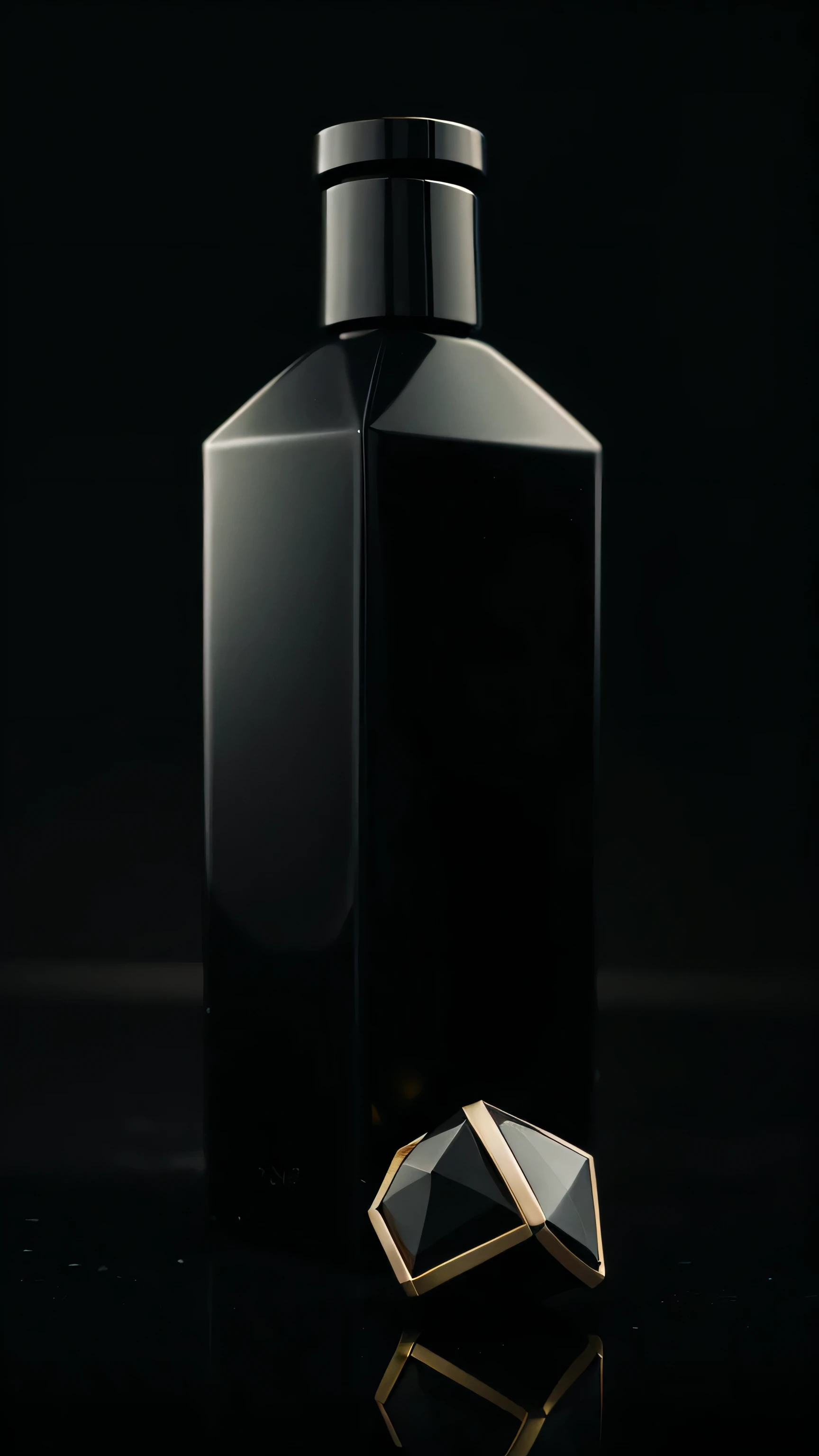 em um fundo preto e dourado, a perfume made from black obsidian is professionally photographed, the art style is realistic