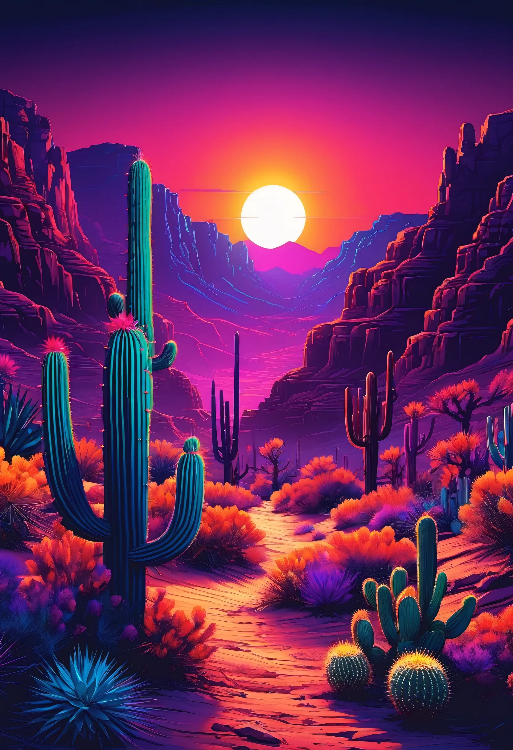 Desert Canyon,cactus and sun,Vectorization,Synthwave,purple blue red orange,Bright neon colors on dark background,best quality,4K,8K,high resolution,masterpiece:1.2,Super detailed,actual:1.37