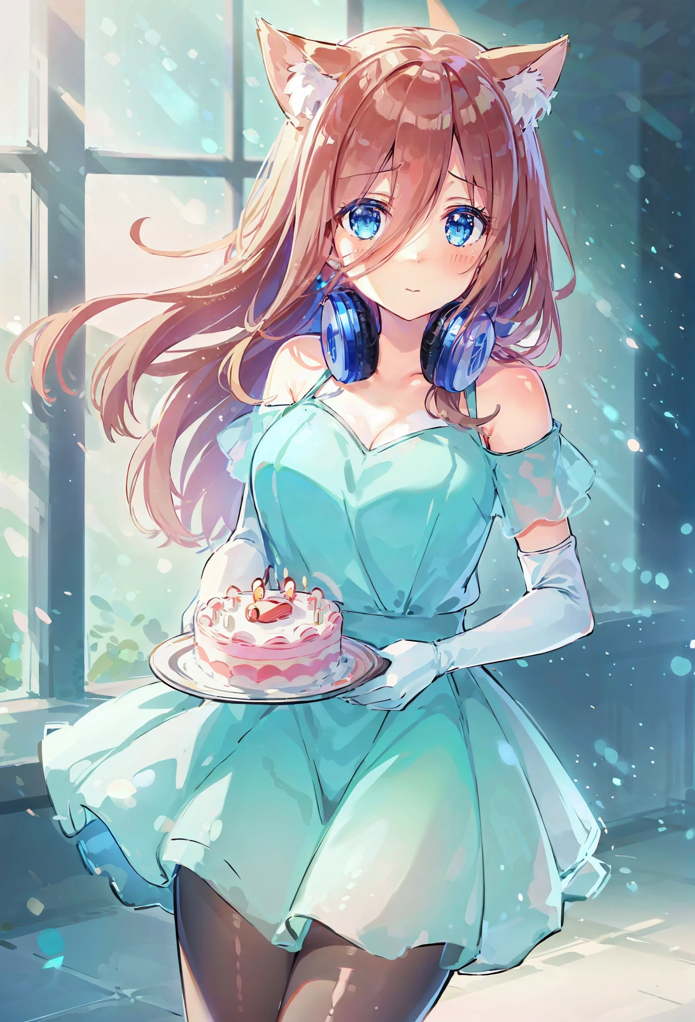 Miku nakano wearing a pretty dress, neko ears, cat ears, nekomimi, neko girl,, Miku holding a birthday cake, sparkling blue_eyes, happy smile, laugh, sweet face, tender, lovely, 4k, perfect quality, excellent character design, pastel coloured image, vivid colours, bright colours, simple background, magic hill background, splendid nature, natural light, daylight, full body, full shot, dinamic pose, holding birthday cake in her hands, extremely detailed, clean lineart, neat, Miku Nakano, Official art、Beautifully Aesthetic:1.2)、patterns、Hair spreads throughout、4k, excellent quality, Ultra Detail, Soft Light, Deep Focus Bokeh, Ray Tracing, --niji 5. Nakano Miku from the quintessential quintuplets, Miku Nakano, long fluffy pink brown hair, blue eyes, nakano_miku, iridescent, blue headset, hair strand falling across face, splendid, iridescent, dynamic pose, moving, excellent character design, full body pose, full body, full body shot, perfect face, neat, clean, perfect definition  aamiku,long hair,bangs,hair between eyes,headphones around neck,pantyhose,black, (Casual Outfit), ()pantyhose, elbow gloves, holding a birthday cake in her hands, iridescent satin lace dress