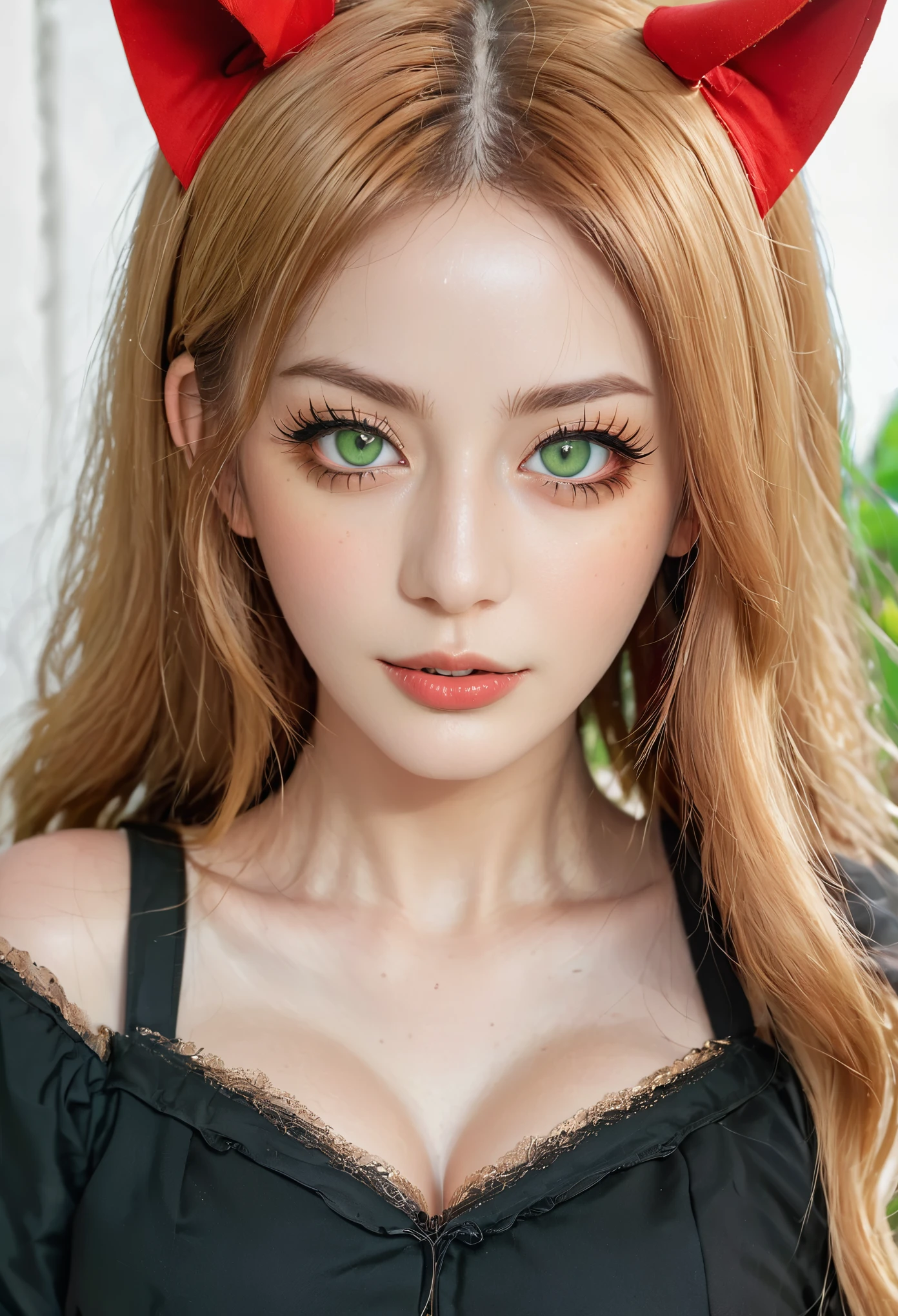 Woman with long golden hair, green eyes with thin pupils like a cat, six short red horns on her head, eyes with huge eyelashes, wearing a red mask covering her mouth. wearing a black outfit. image background a beautiful place full of people wearing formal clothes