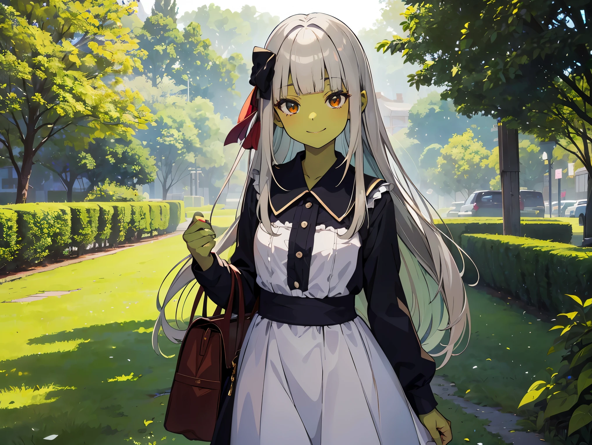 Cimematic vision, nigth, ((1girl)), Lolita, (Orc), ((((Green skin)))), ((((long silver hair)))), (((blunt bangs))), red eyes, ((cabelo emaranhado)), ((((smilling)))), desleixada, ((melhor qualidade)), ((obra de arte)), ((vestindo vestido marrom)), (detalhado), rosto perfeito, ((style novel)), cores beautiful, ((((style anime Shikimori-san)))), (((passeando em cidade na floresta))), standing.