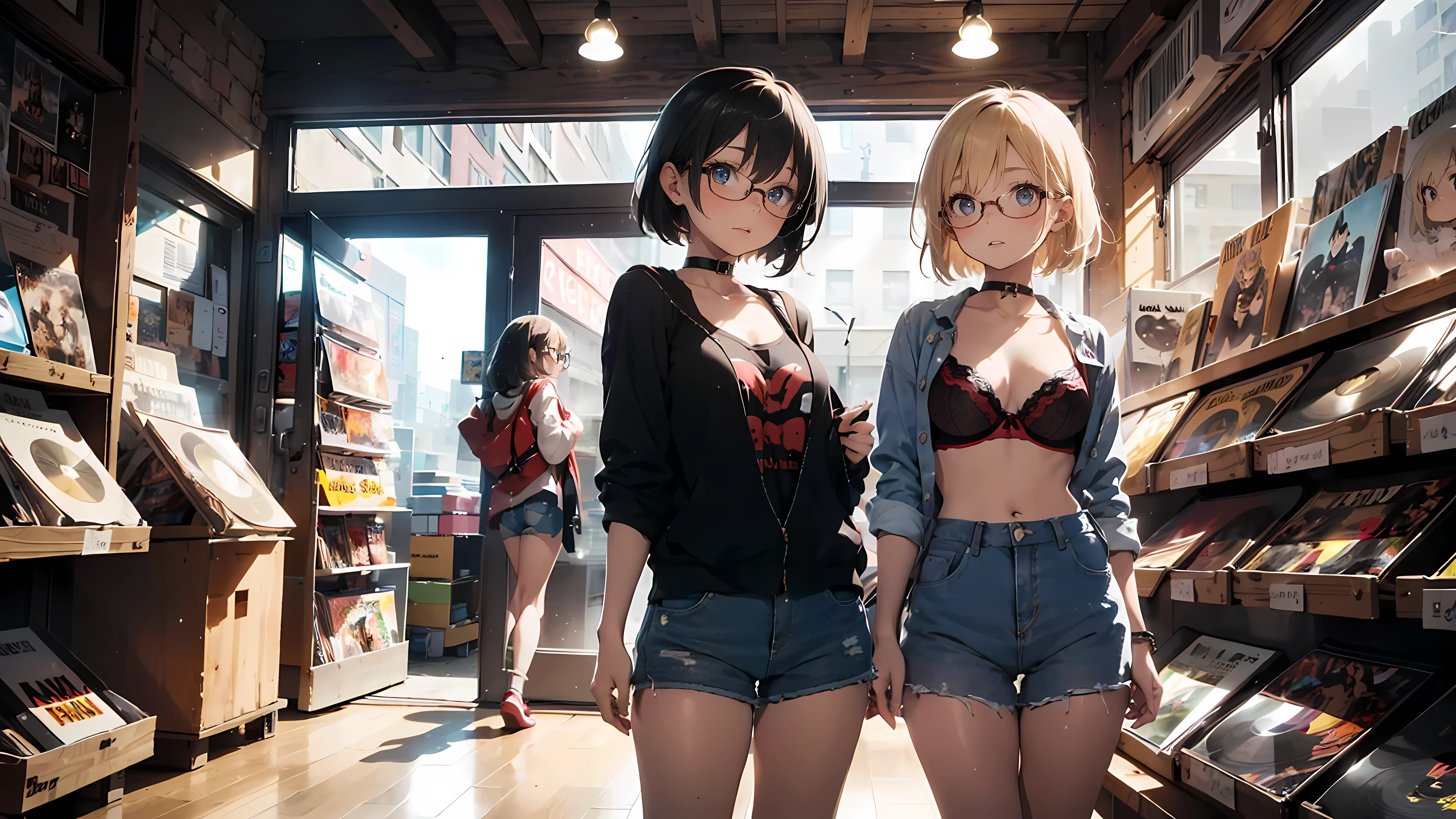 ((1girl)), one 21 year old girl, short blonde hair, glasses, choker collar, red bra, jean shorts, record store, records, vinyl, standing, cowboy shot, open door, open window, dramatic lighting, cinematic lighting,