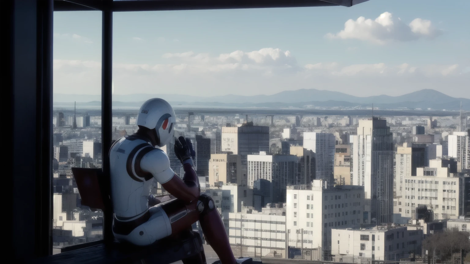 labor robot sitting on a large metal pyramid structure with a city in the background, robot laborers working at a distance