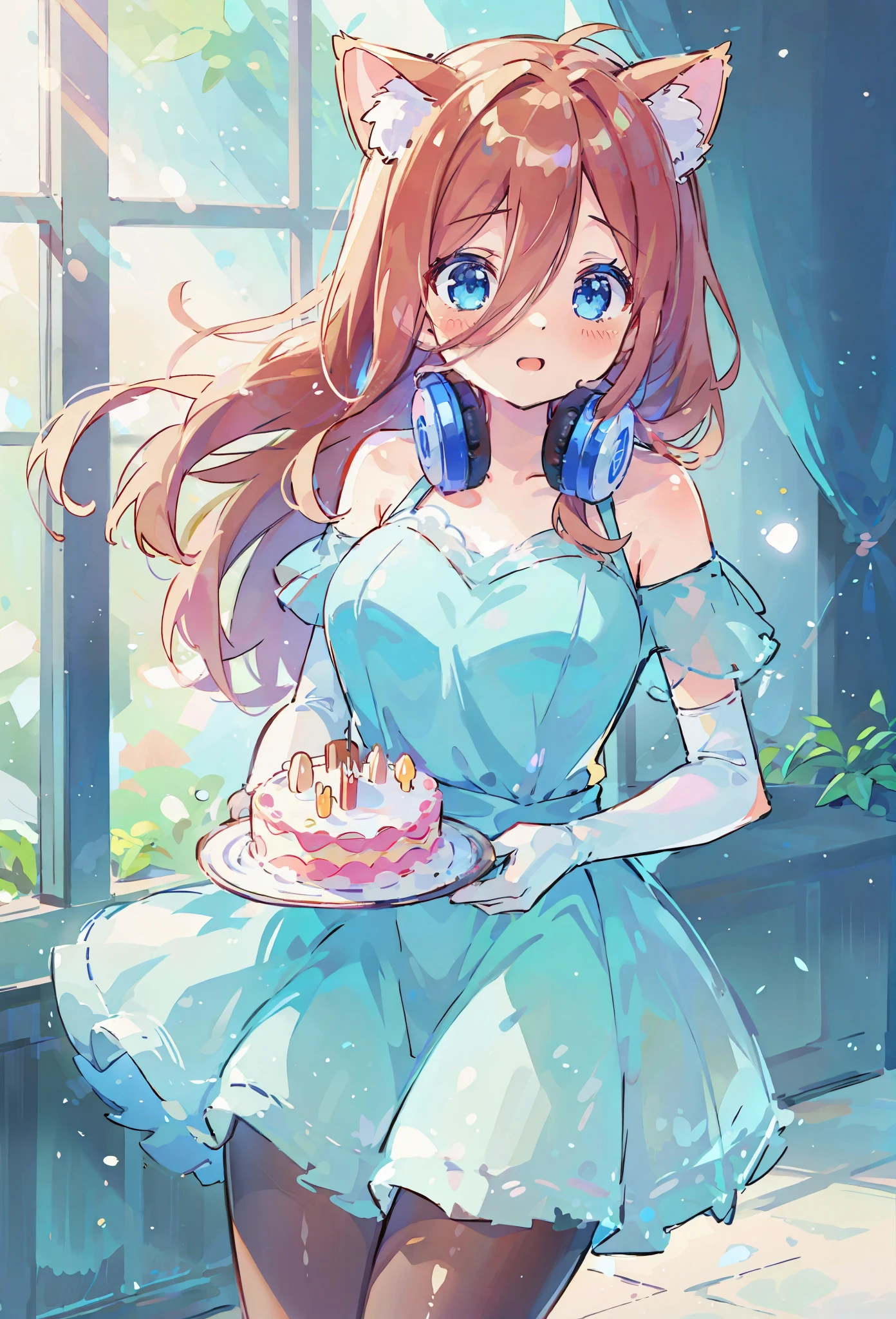 Miku nakano wearing a pretty dress, neko ears, cat ears, nekomimi, neko girl,, Miku holding a birthday cake, sparkling blue_eyes, happy smile, laugh, sweet face, tender, lovely, 4k, p magic hill background, splendid nature, natural light, daylight, holding birthday cake in her hands, extremely detailed, clean lineart, neat, 4k, excellent quality, Ultra Detail, Soft Light, Deep Focus Bokeh, Ray Tracing, --niji 5. Nakano Miku from the quintessential quintuplets, Miku Nakano, long fluffy pink brown hair, blue eyes, nakano_miku, iridescent, blue headset, hair strand falling across face, splendid, iridescent, dynamic pose, moving, excellent character design, full body pose, aamiku,long hair,bangs,hair between eyes,headphones around neck,pantyhose, elbow gloves,  iridescent satin lace dress