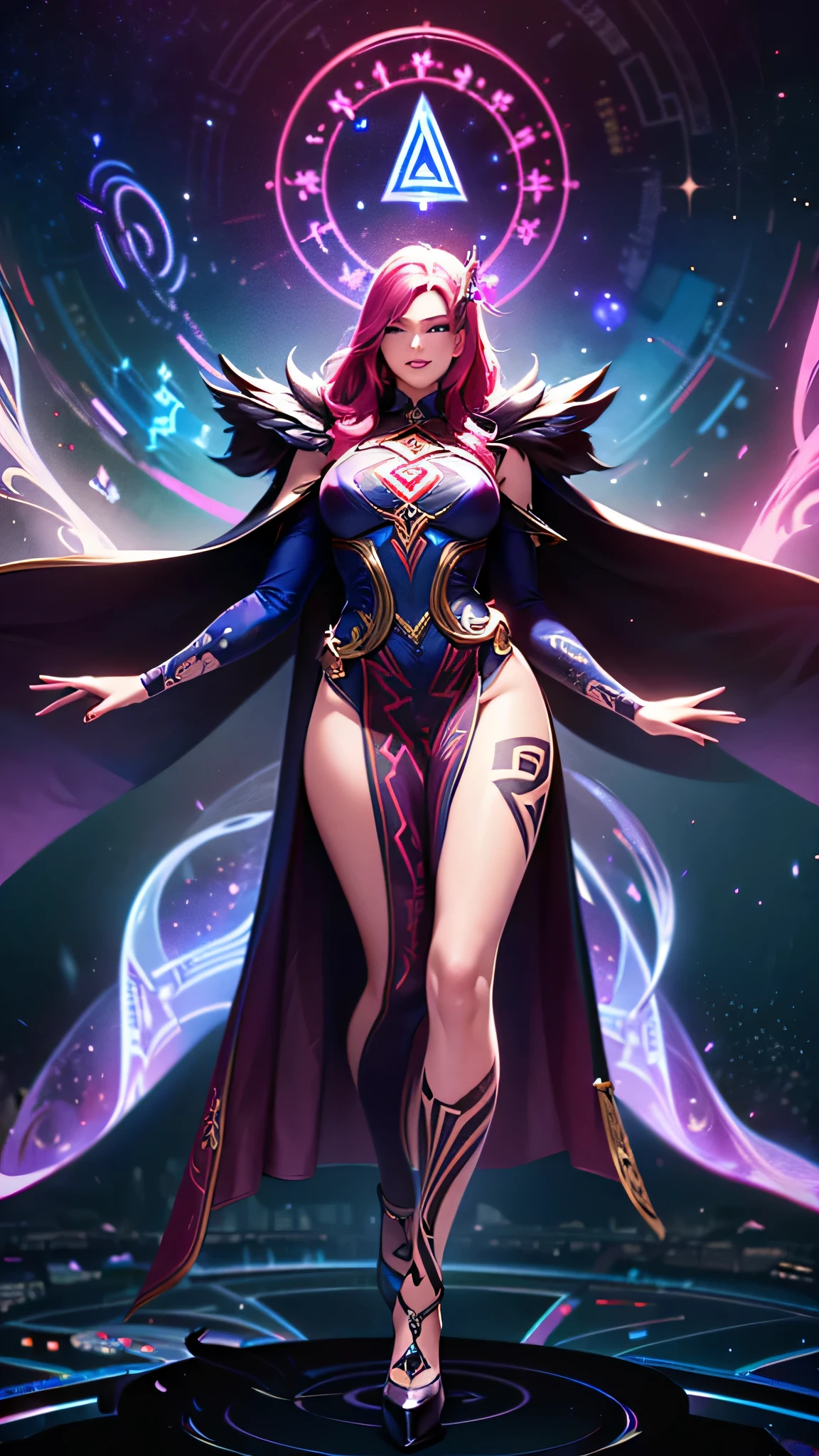 ((ultra high quality)), (((hyper detailed))), long wavy hair, dark pink hair, white highlights, (((anatomically correct))), sexy black mage outfit, 1 girl, ((airborne)), looking down, mage, (((magical aura))), medium breasts, medium thighs, high heels, (((arms spread, magic coming from hands))), ((smirking)), dark, evil villain, night, (((celestial being))), long cape, (((runic tattoos)))