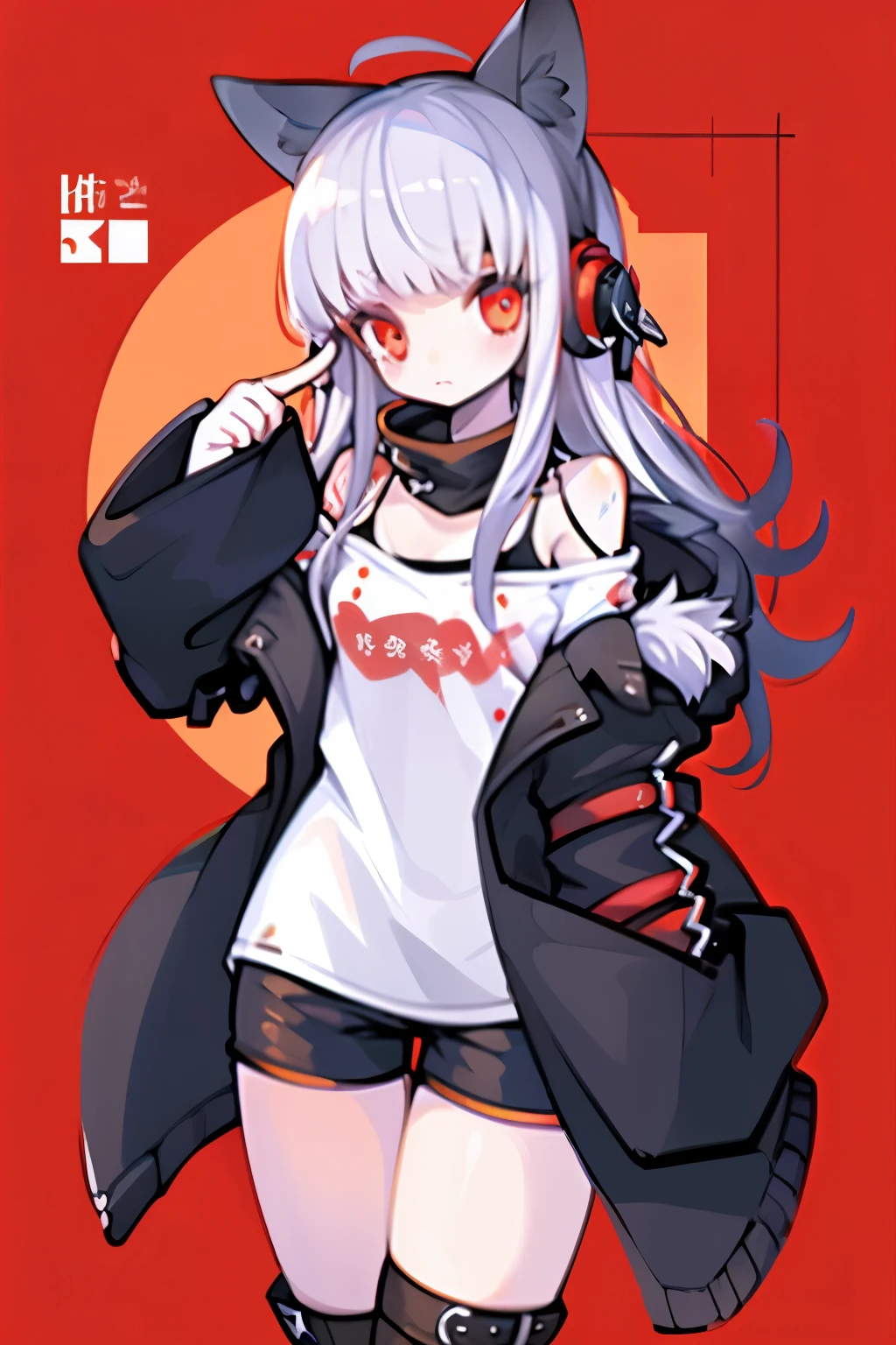 table top, highest quality, High resolution,
1 girl, futaba sakura, sharp bangs, silver hair, red eyes, Ahoge, small breasts,
headphones, behind-the-head headphones, white shirt, Jacket, off shoulder, fur trim, ファートリムJacket,  緑のJacket, shorts, thighs thighs thighs, Knee-high boots,White fox ears，have a rifle，((Fingers are hidden by sleeves))
 cowboy shot,golden hour,An illustration