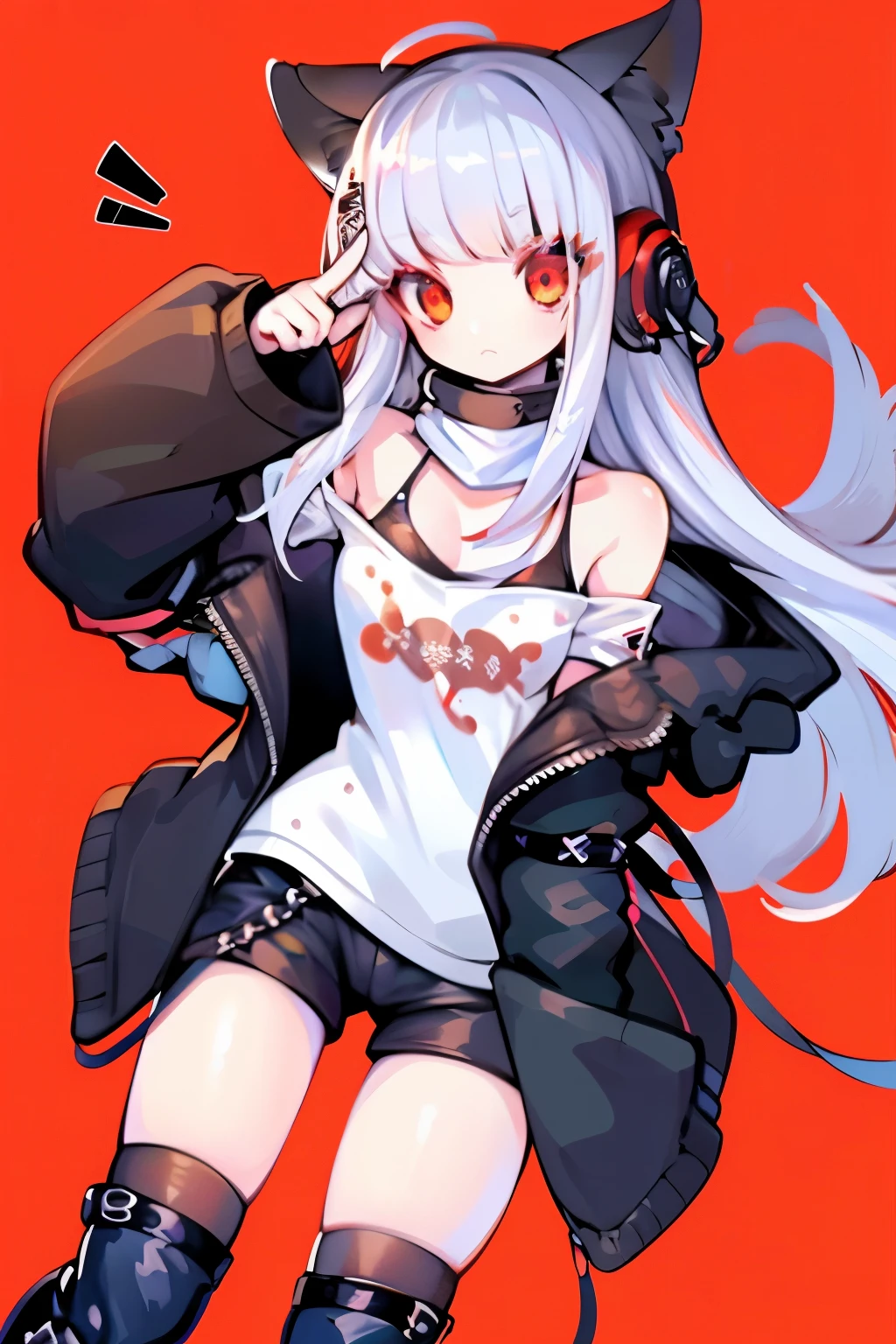 table top, highest quality, High resolution,
1 girl, futaba sakura, sharp bangs, silver hair, red eyes, Ahoge, small breasts,
headphones, behind-the-head headphones, white shirt, Jacket, off shoulder, fur trim, ファートリムJacket,  緑のJacket, shorts, thighs thighs thighs, Knee-high boots,White fox ears，have a rifle，((Fingers are hidden by sleeves))
 cowboy shot,golden hour,An illustration