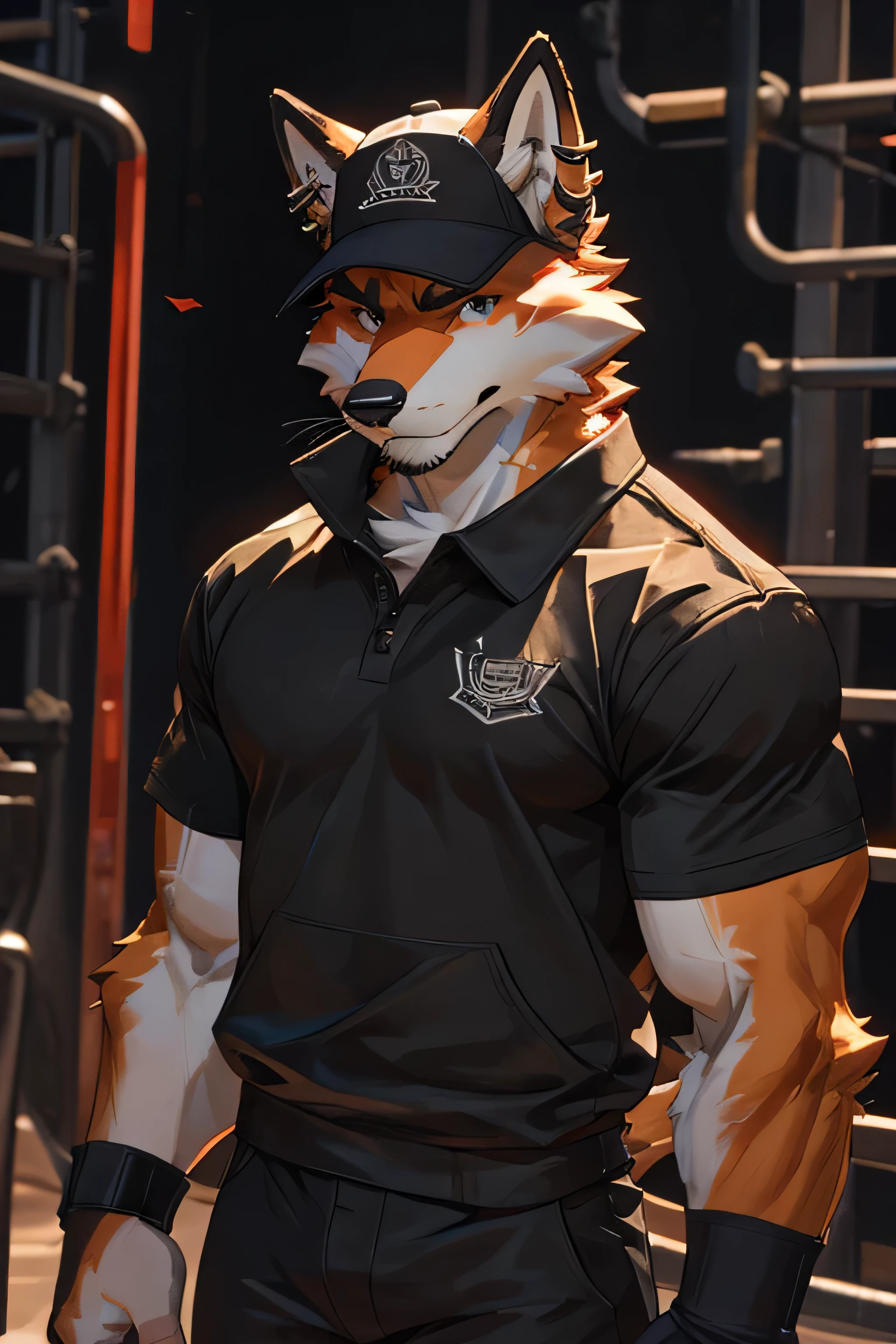 Furry, anthro, solo, fox, two toned fur, red and black colour, grey hat, ear piercings, male, ripped sports clothes