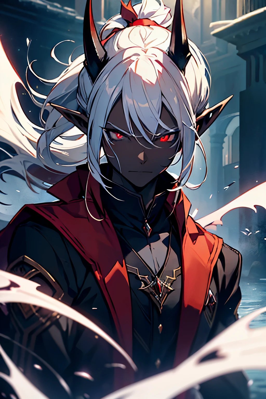 With white hair, A serious expression,side face,floating hair,light particles,glare,vivid,fancy,dreamlike,a dim atomshpere, ((BLACK SKIN)) ((Vampire MAN)) ((Dark Fantasy)) ((Red-Eyes)) ((elf ears)) ((demon horns)) ((ponytail)) (furious)