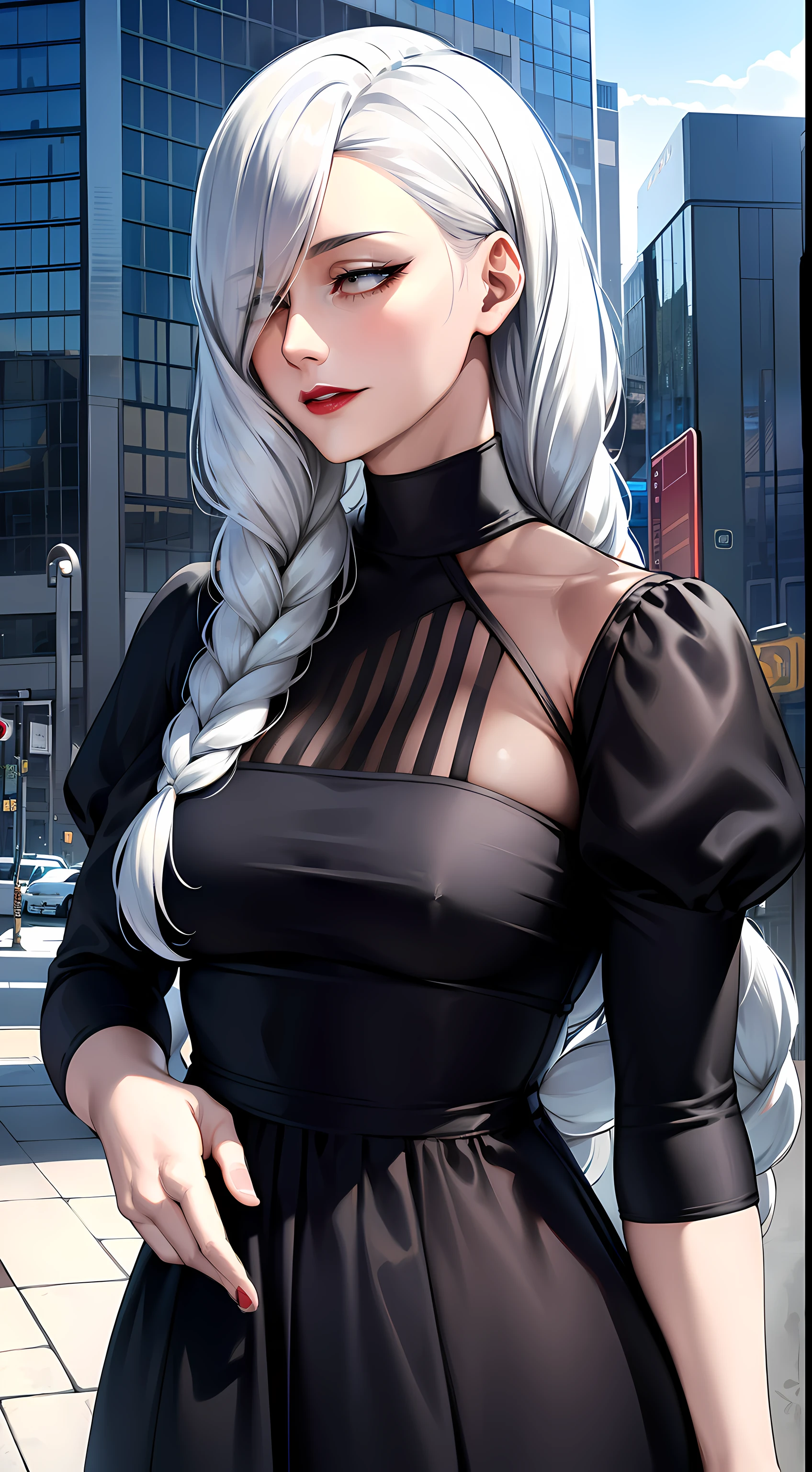 ultra realistic 8k cg, masterpiece, ((ultra detailed background, delicate pattern, intricate detail)), (highly detailed, fine details), best quality, 1girl, (photorealistic:1.4),beautiful lighting, absurdres, RAW photo, film grain, ((medium breasts, slim girl)), 1girl, MeiMei, solo, long hair, braid, dress, hair over one eye, smile, long sleeves, braided bangs, black dress, braided ponytail, white hair, puffy sleeves, holding, turtleneck dress, makeup, grey hair, red lips, one eye covered, lipstick, parted lips, single braid, (complex detailed background, outside, urban environment),