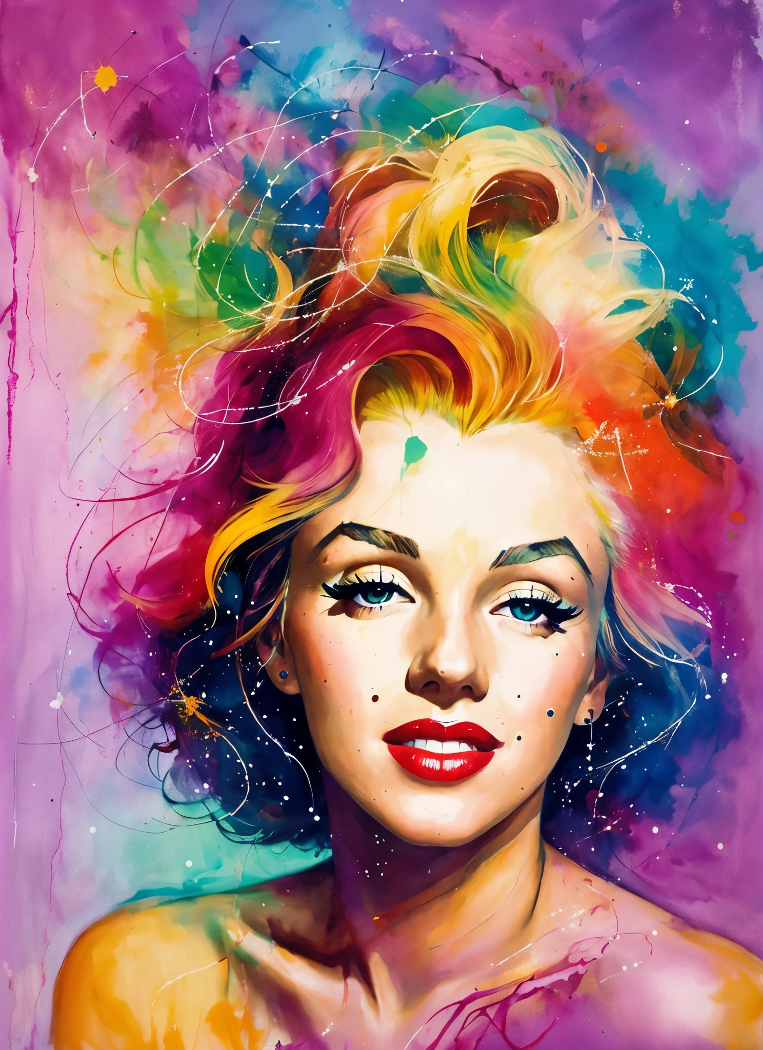 une peinture de Mme Marilyn Monroe par Agnes Cecile,1 fille, seulement, Design lumineux, Backgrounds l'espace et galaxie Colors pastel, Couleur sourdine, ink drops, Autumn lights