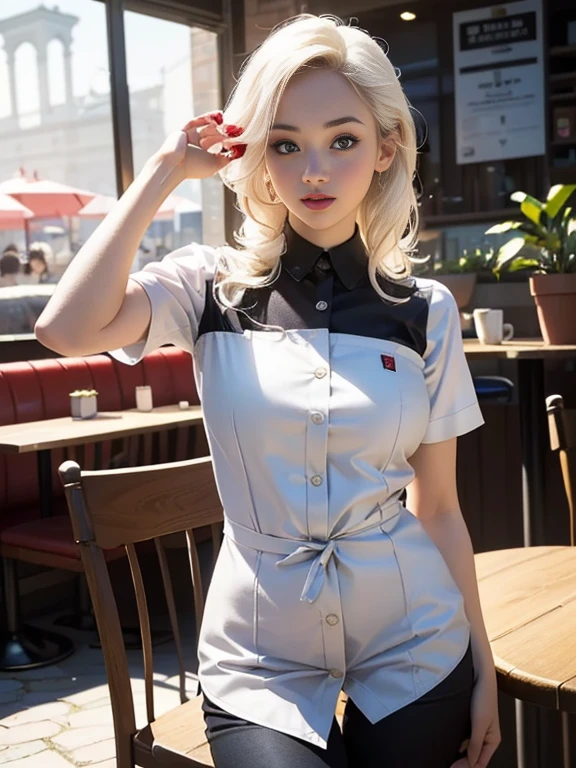 (best quality, 8k, highres, photorealistic:2.0), (solo, one girl:2.0),(lighting: front),(lighting: strong),(ultimate beautiful girl:2.0),(shiny skin),(oily skin),(platinum blonde hair:1.3),(girl tying hair:2.0),(american beauty:2.0),Blush brown makeup , dark eye makeup , use pink glossy lipstick,(big beady eyes girl:1.5),(thin girl:1.5),(baby face girl),(sex appeal:1.7),(sweet smelling girl),(Photographed at a cafe in an unsafe area:1.5),(Part-time girl working at a cafe:1.5),(She is wearing a neat cafe uniform:1.5),(popular cafe clerk),(she works for low wages:1.5),(she has a nice smile),(Cafe work is hard),(her body has charming curves),(she aims to be a barista),(she is very sociable and slutty),(She is good at latte art),(She is the cafe's poster girl),(A girl who often speaks dirty jokes)