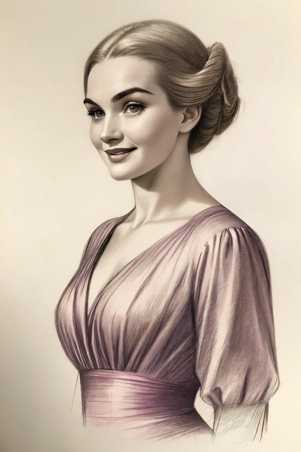  a pencil sketch of a young Lily James in the image of a Russian countess, in a dress of the early 19th century, smile, (curly hairstyle of an aristocrat), jewelry, a charcoal drawing by William Twigg-Smith, [((pinkblue colors sepia))], CGSetnation, Arte figurativa, charcoal drawing, Pencil sketch, 
dynamic pose, andando