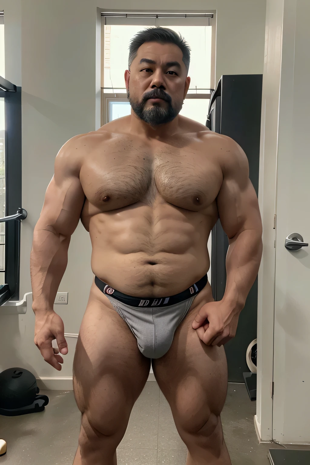 A vietnamese dad with gray hair is fucking a boy, mature face, a thick mustache, a short chin beard, muscle bear body, wearing big bulging jockstrap standing at the gym, have belly, big muscular chest, show full body, have straight eyes look, large bulging jockstrap