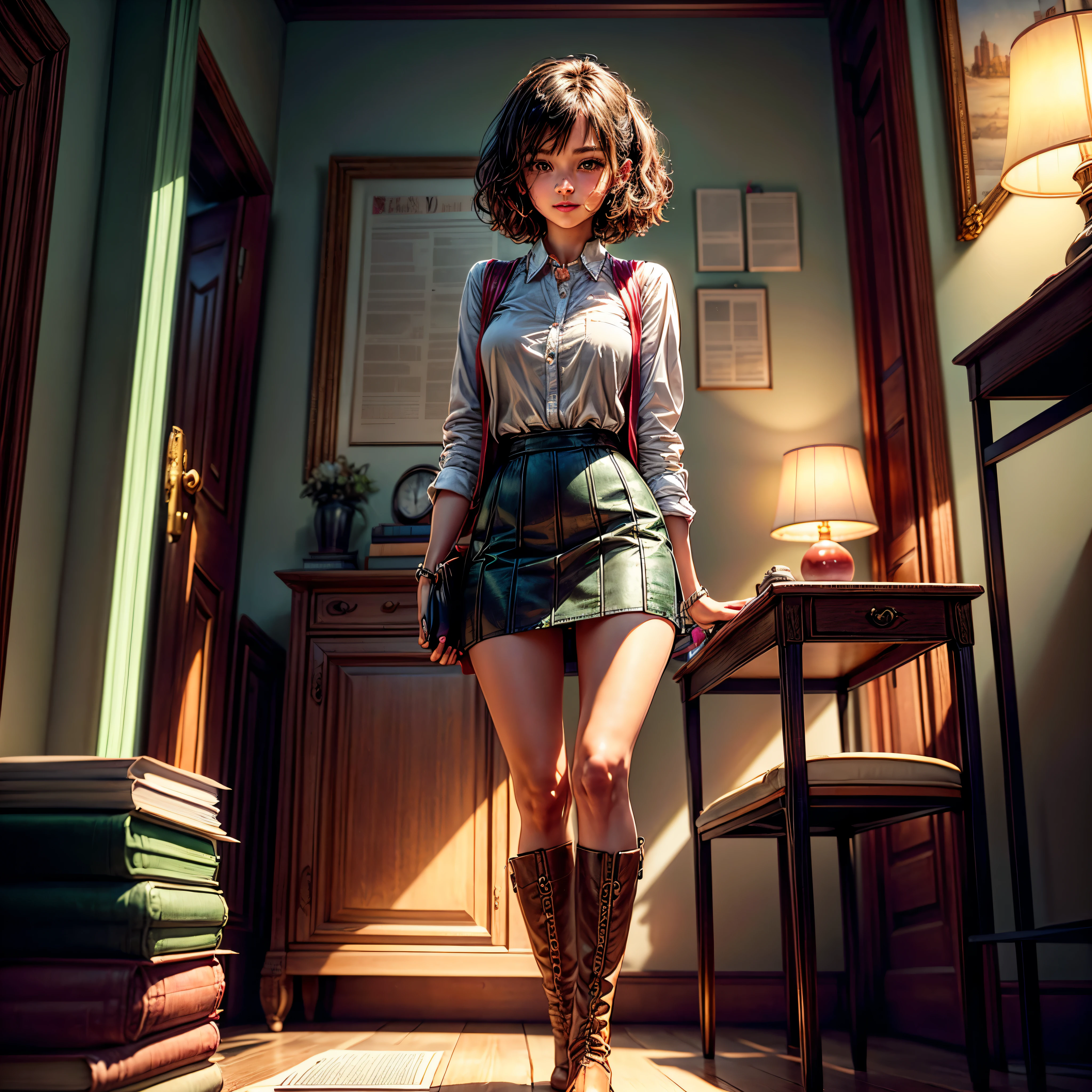 A fine girl, with black hair, she is wearing short shorts and a shirt, she's 18, her eyes are dark brown, coffee, she loves coffee, she is holding a cup of coffee, she is black, has dark skin, Globe World Earth (epic tMasterpiece, ultra highest quality, ultra highest resolution, ultra high-definition, distinct_image, very elaborate CG cinematic_lighting ray_tracing drop_shadows (photorealistic: 1.4), ultra high-quality textures fine-grained realistic face expression): (Epic gorgeous girl brown short hair bulb frange big sparkling eyes, Eye level shot, happy smile, beauty, slim body small size breasts, holiday, own room, console disco, computer, display, keyboard, mouse, long leather skirt, collared shirt, leather vest, handgun holder, carrying leather bag on your back, long boots, antique radio, coffee, model train, bookshelf, spacious yellowchair, Pots, fans, paintings, stuffed animals, ties, notebooks, stationery, vases, photo frames, letters, fountain pens, calendars, lamps, cushions, baskets, mirrors reflecting in profile, candles, telephone, fruit, newspapers, sweets, city Eiffel view outside the window), Pendulum clock frog, varied multi etc. --v6 --s1000 --c20 --q5 --chaos100