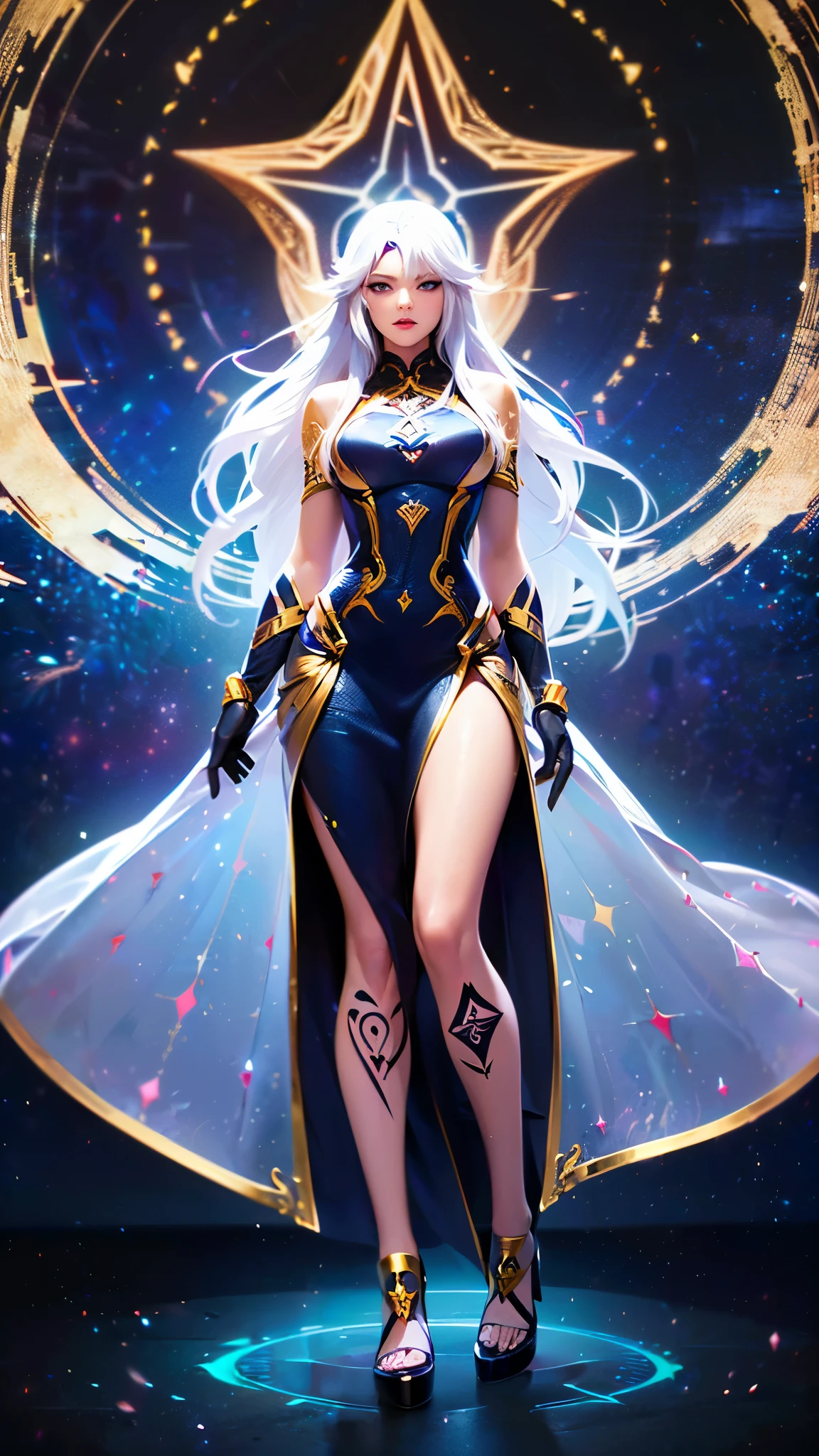 ((ultra high quality)), (((hyper detailed))), long wavy hair, (glowing white hair), gold highlights, (((anatomically correct))), sexy black mage outfit, 1 girl, ((airborne)), looking down, mage, (((magical aura))), medium breasts, medium thighs, high heels, (((arms spread, magic coming from hands))), ((serious face)), dark, evil villain, night, (((celestial being))), long cape, (((full body runic tattoos))), (((high quality anatomically correct handagical gloves, ((see-through skin))