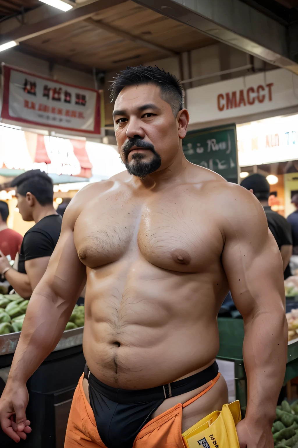 A vietnamese dad with gray hair is fucking a boy, mature face, a thick mustache, a short chin beard, muscle bear body, wearing a large bulging jockstrap standing at the market, have belly, big muscular chest