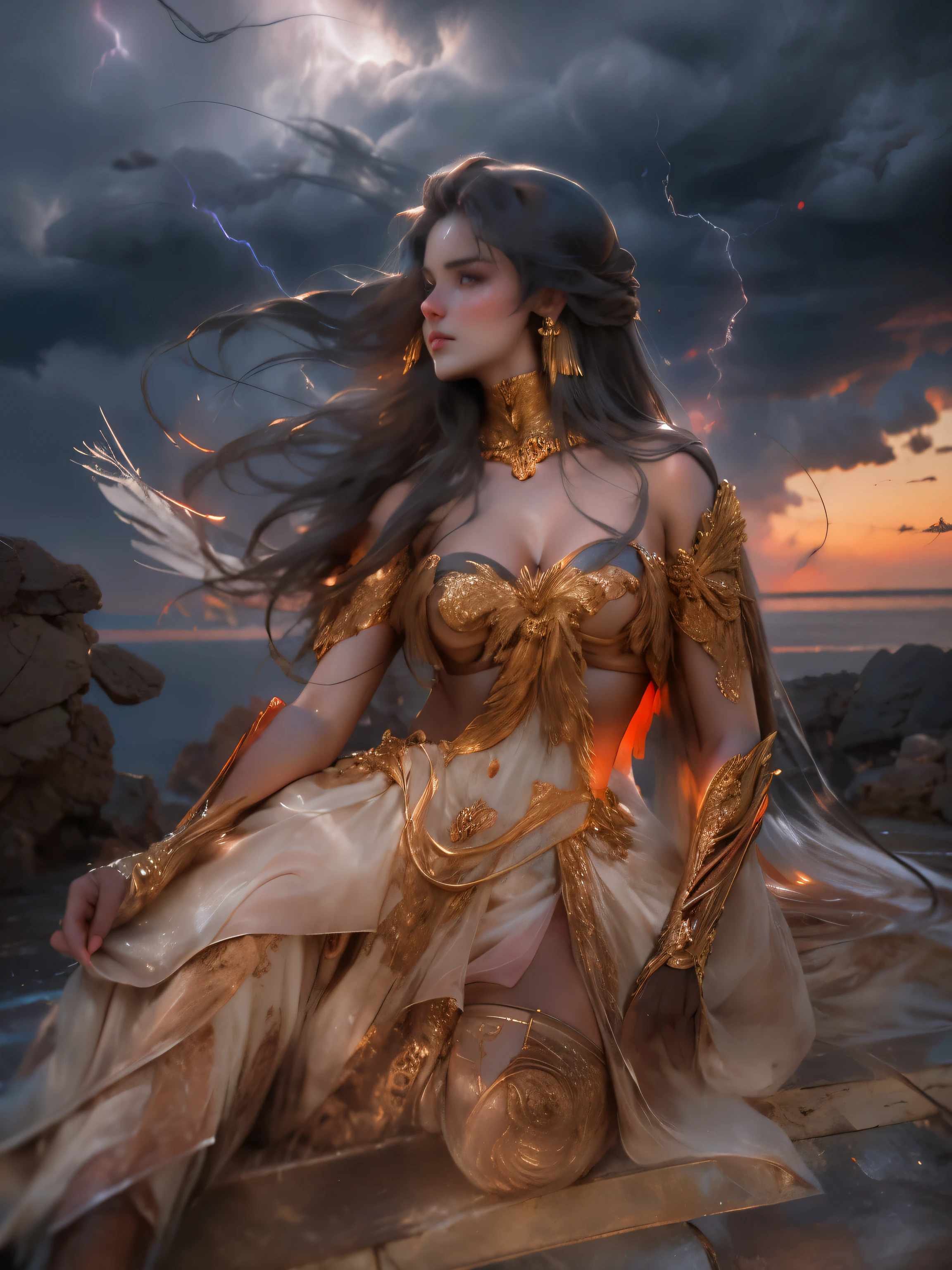 MULHER BONITA na montanha, sunset sky, red sunset clouds, sunset, cabelos longos ao vento, Eagle feathers, eagle queen, goddess dressed in Eagle feathers, fantasia, overexposure, Olhos perfeitos, metallic colors, arte surreal , Corpo todo, bare feet, vista do horizonte montanhoso, Lago ao longe, senhora no centro da cena, enorme lua cheia na frente do sol, ((Roupas transparentes)), ((dark storm clouds with lightning)), queda de raios, garoa leve, nevoeiro ao longe, deusa no topo da montanha,