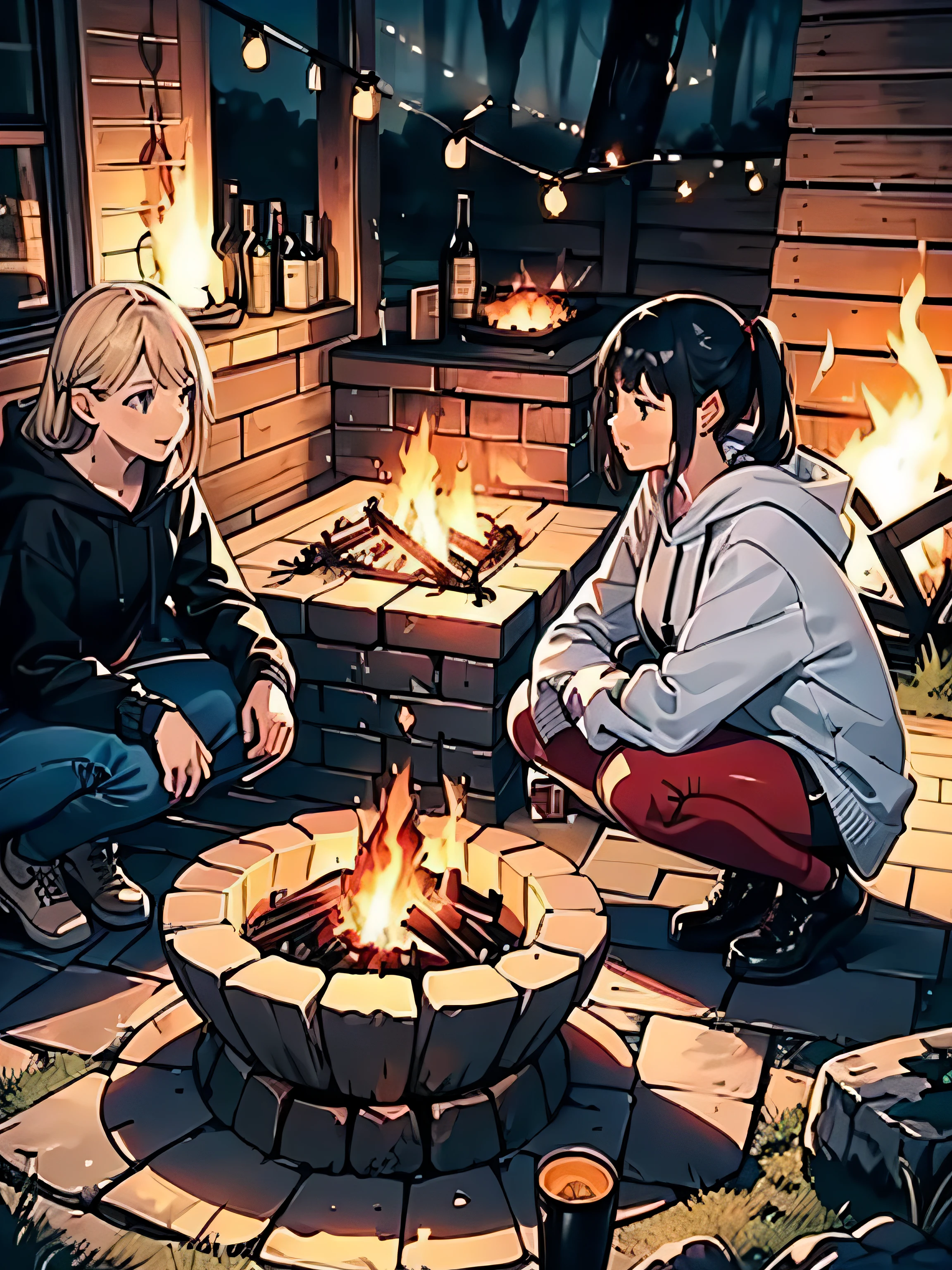 Group photo of three adult girls, Overall image, (trio:1.2, fire sitting nearby, wearing a hoodie, outdoors fashion), (barbecue:1.2, campfire), smoke rising behind them, combustion!!, wood cottage combustion behind them, urgent, laughter, (ultra high resolution, 8K RAW写真, realistic, Thin contours), in the forest, outdoors, interesting, (fire focus), There'there's only one fire