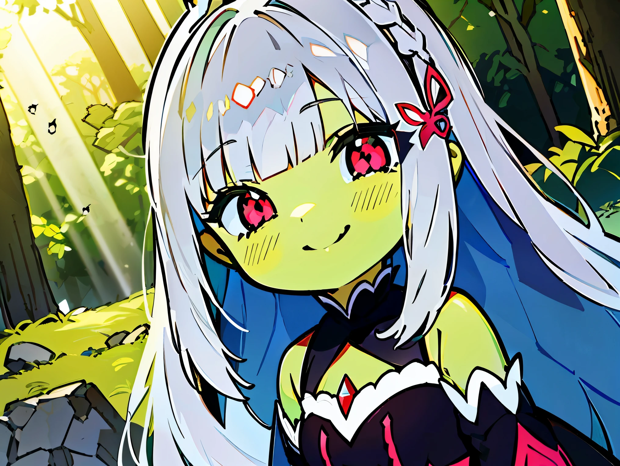 Concept art, ((CG)), ((1girl)), Lolita, (Orc), ((((Green skin)))), ((((long silver hair)))), (((blunt bangs))), red eyes, ((cabelo emaranhado)), ((((smilling)))), desleixada, ((melhor qualidade)), ((obra de arte)), ((black dress)), (detalhado), rosto perfeito, ((style novel)), cores beautiful, ((((style de arte Rezero)))), (((in ancient city built in the forest)))