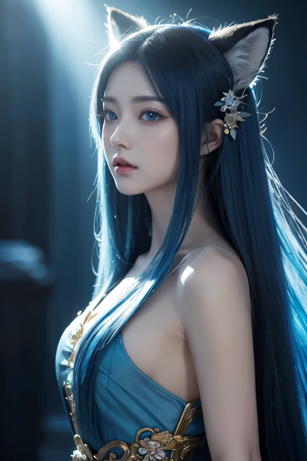 Long-haired woman with blue hair and blue eyes, fox ear，An atmospheric and distant face，Expression of distant eyes and indifference，Beautiful and sacred light source，The body proportions are perfect, Gorgeously dressed，a Chinese-style dress，Surreal art, Beautiful realistic portrait, Beutiful women, Beautiful fantasy anime, fantasy art style, 3D reality 4k, anime in fantasy style, Japanese anime fantasy illustration, Anime fantasy artwork, beautiful anime woman, Anime art wallpaper 4k, Anime art wallpaper 4k, digital anime art