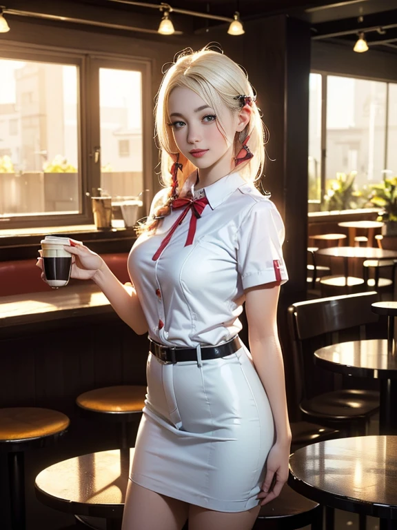 (best quality, 8k, highres, photorealistic:2.0), (solo, one girl:2.0),(lighting: front),(lighting: strong),(ultimate beautiful girl:2.0),(shiny skin),(oily skin),(platinum blonde hair:1.3),(girl tying hair:2.0),(american beauty:2.0),Blush brown makeup , dark eye makeup , use pink glossy lipstick,(big beady eyes girl:1.5),(thin girl:1.5),(),(sex appeal:1.7),(sweet smelling girl),(Photographed at a cafe in an unsafe area:1.5),(Part-time girl working at a cafe:1.5),(She is wearing a neat cafe uniform:1.5),(popular cafe clerk),(she works for low wages:1.5),(she has a nice smile),(Cafe work is hard),(her body has charming curves),(she aims to be a barista),(she is very sociable and slutty),(She is good at latte art),(She is the cafe's poster girl),(A girl who often speaks dirty jokes),(she looks so erotic),(from a very poor family),(The coffee she makes has a very good reputation.)