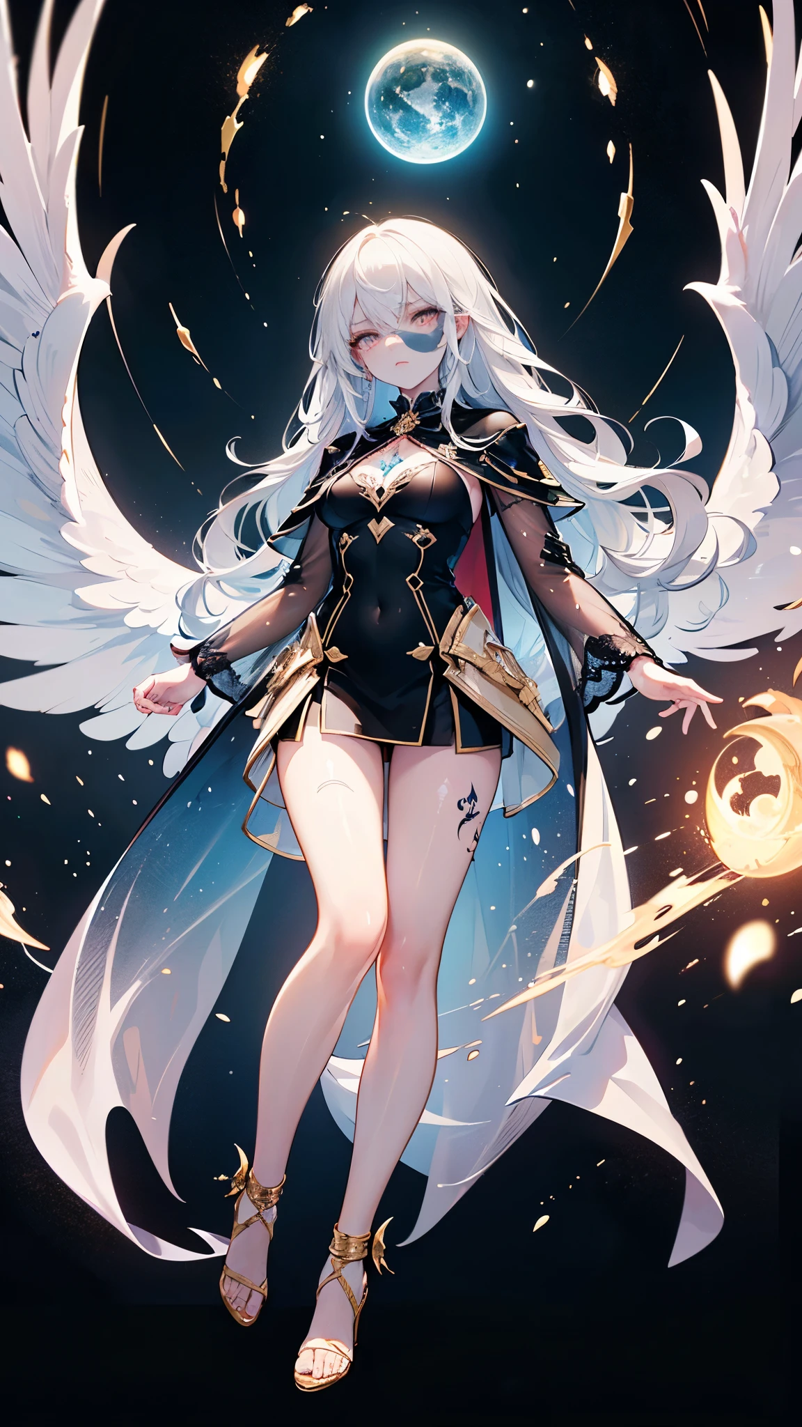 ((ultra high quality)), (((hyper detailed))), long wavy hair, (glowing white hair), gold highlights, (((anatomically correct))), sexy black mage outfit, 1 girl, ((airborne)), looking down, mage, (((magical aura))), medium breasts, medium thighs, closed high heels, (((arms spread, magic coming from hands))), ((serious face)), dark, evil villain, night, (((celestial being))), long cape, (((full body tattoos))), (((high quality anatomically correct hands))), ((((see-through skin))))