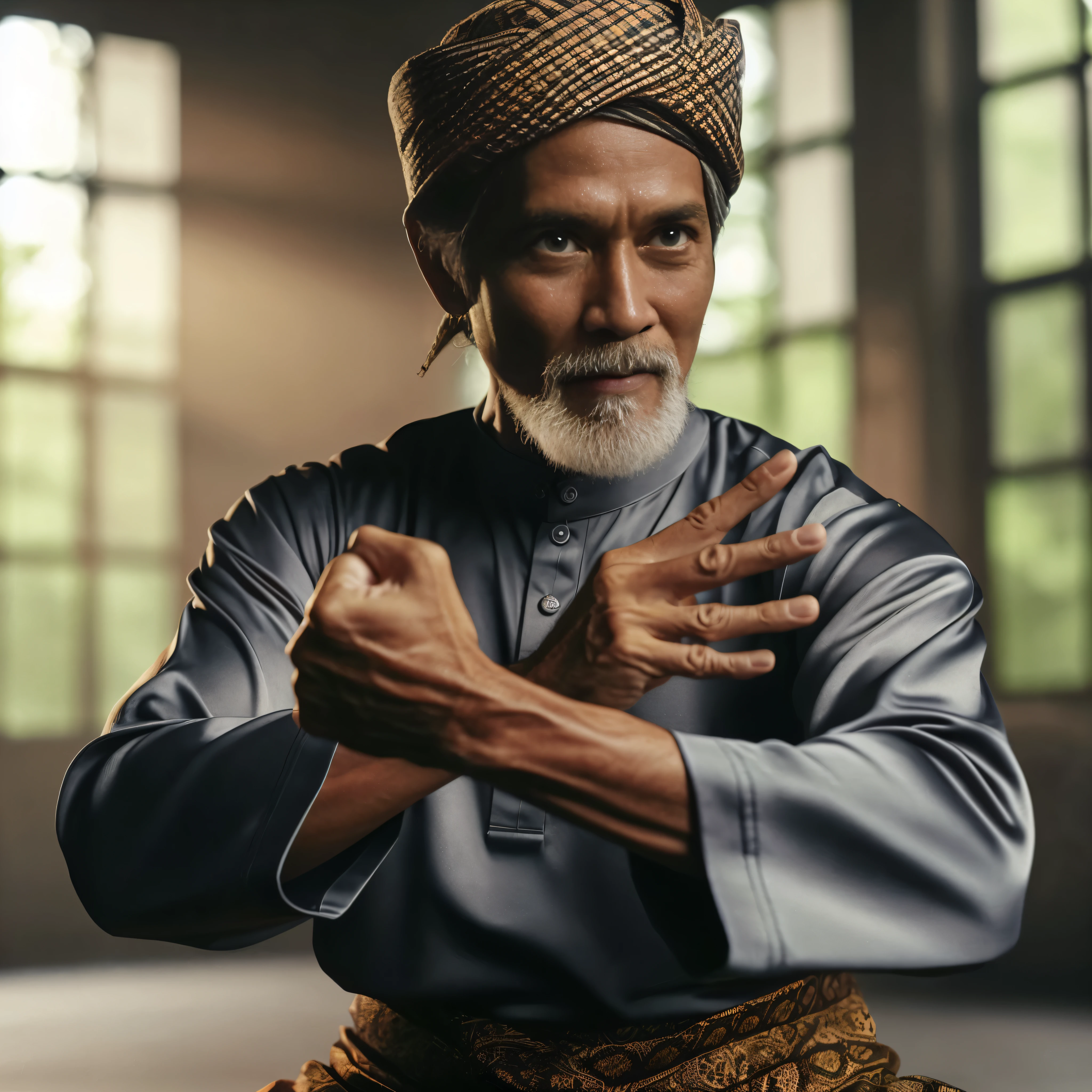 there is a man sitting on a chair with his hands crossed, in a fighting pose, portrait shot, in a fighting stance, martial art pose, fighting stance, man standing in defensive pose, in an action pose, fighter pose, powerful stance, portrait of bedouin d&d, fighting pose, inspired by Ma Quan, arabian samurai