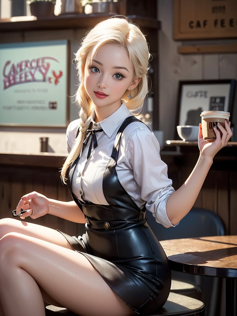 (best quality, 8k, highres, photorealistic:2.0), (solo, one girl:2.0),(lighting: front),(lighting: strong),(ultimate beautiful girl:2.0),(shiny skin),(oily skin),(platinum blonde hair:1.3),(girl tying hair:2.0),(american beauty:2.0),Blush brown makeup , dark eye makeup , use pink glossy lipstick,(big beady eyes girl:1.5),(thin girl:1.5),(baby face girl),(sex appeal:1.7),(sweet smelling girl),(Photographed at a cafe in an unsafe area:1.5),(Part-time girl working at a cafe:1.5),(She is wearing a neat cafe uniform:1.5),(popular cafe clerk),(she works for low wages:1.5),(she has a nice smile),(Cafe work is hard),(her body has charming curves),(she aims to be a barista),(she is very sociable and slutty),(She is good at latte art),(She is the cafe's poster girl),(A girl who often speaks dirty jokes),(she looks so erotic),(from a very poor family),(The coffee she makes has a very good reputation.)