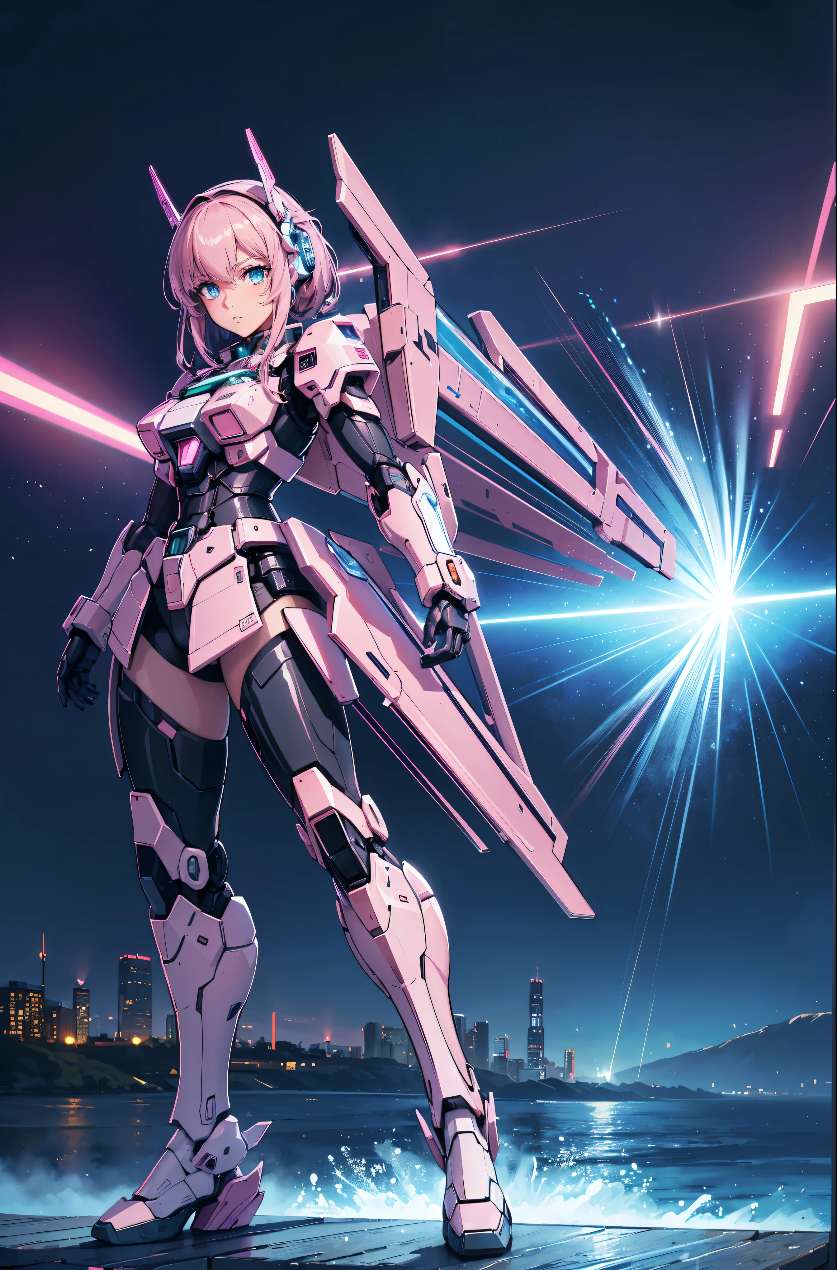 (best quality,4k,8k,highres,masterpiece:1.2),ultra-detailed, anime style, vapor wave aesthetic, mech:1.2 , Gundam:1.4, battle tech:1.4, mech warrior:1.2 , a twilight city background, glowing blue eyes, pink metal