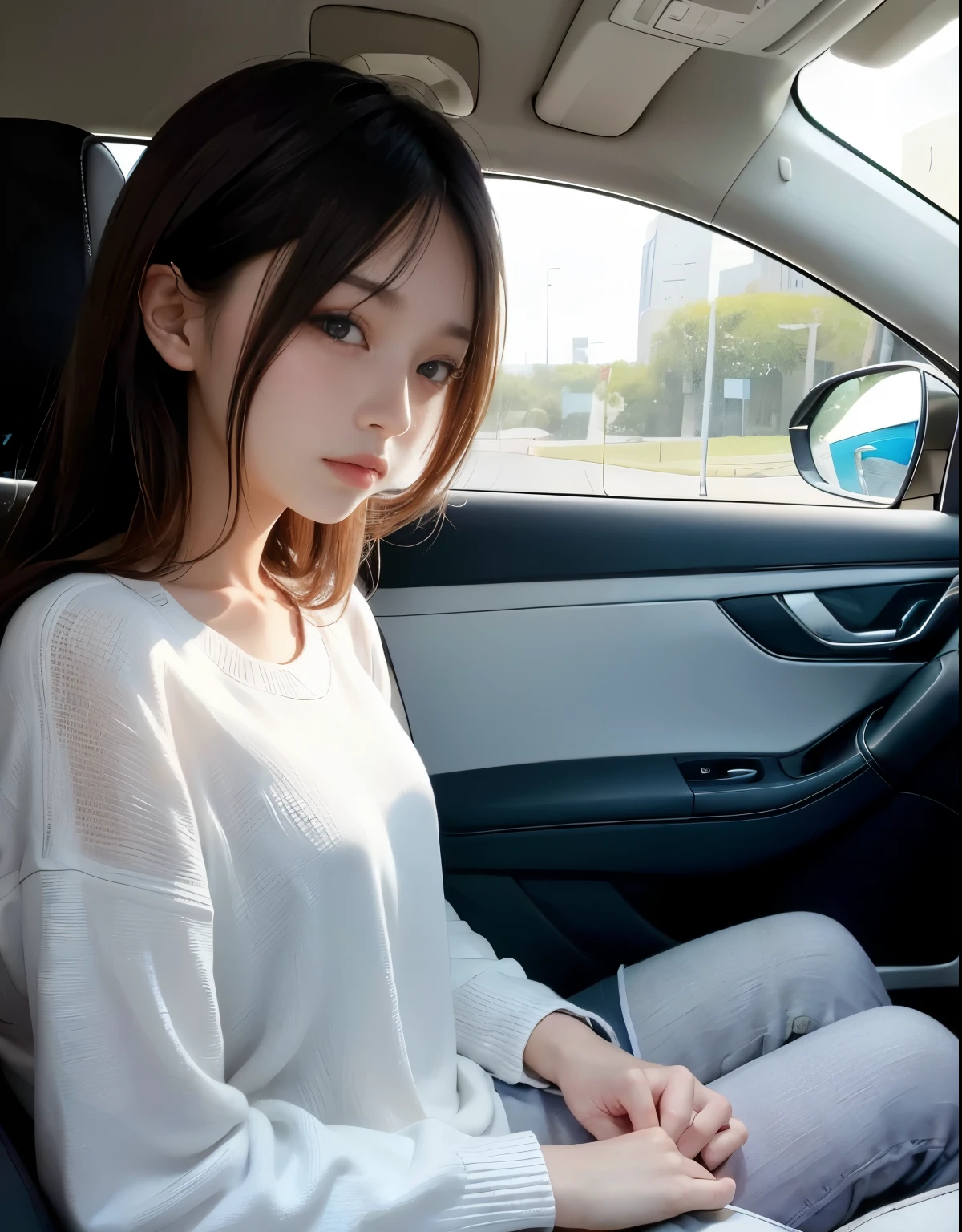 財布を手に車に座るアラフィーwoman, woman, beautiful young、 sitting in her car, 19 year old girl, attractive girl, cool girl