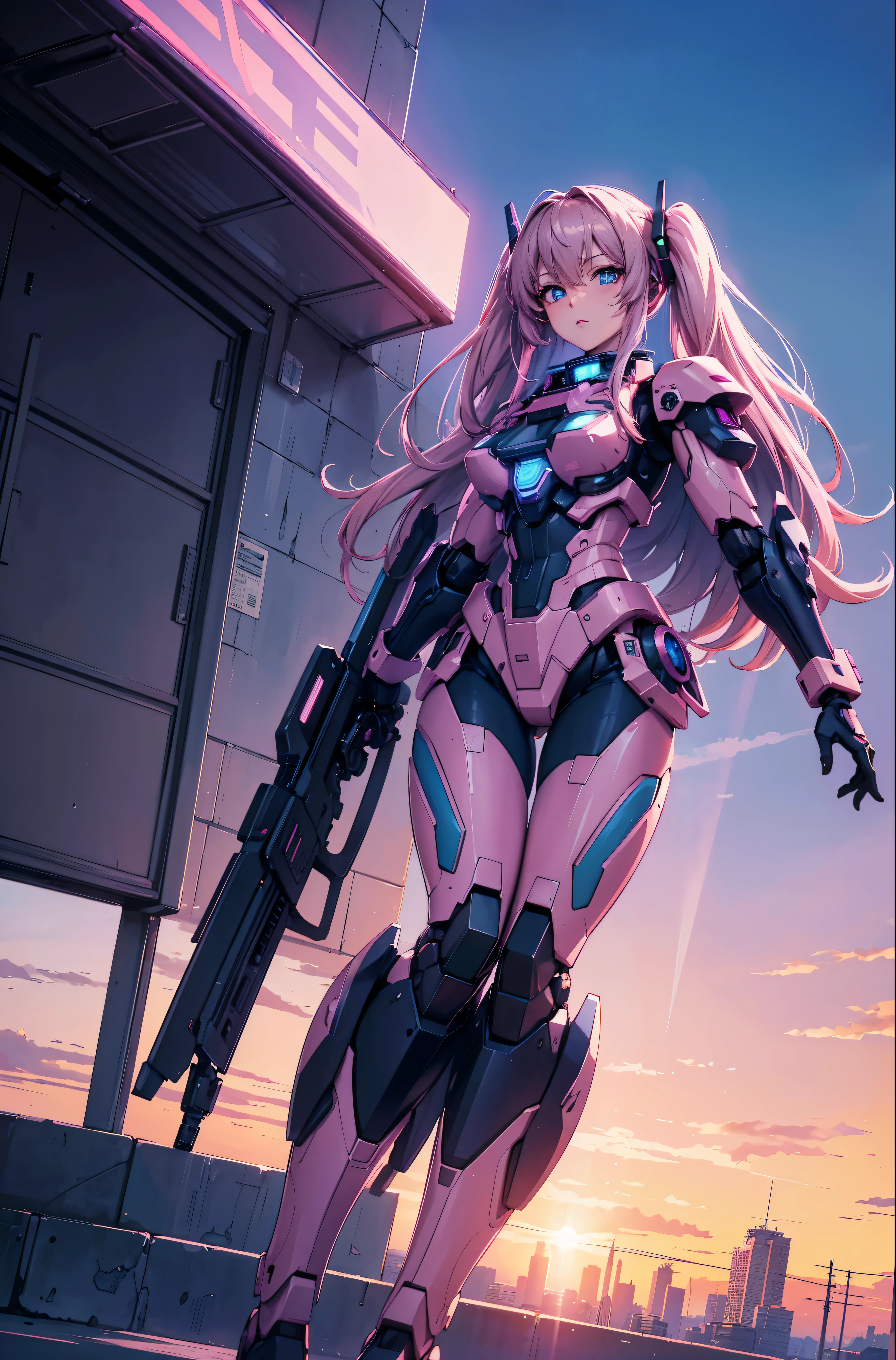 (best quality,4k,8k,highres,masterpiece:1.2),ultra-detailed, anime style, vapor wave aesthetic, mech, Gundam, female mech:1.2, a twilight city background, glowing blue eyes, pink metal