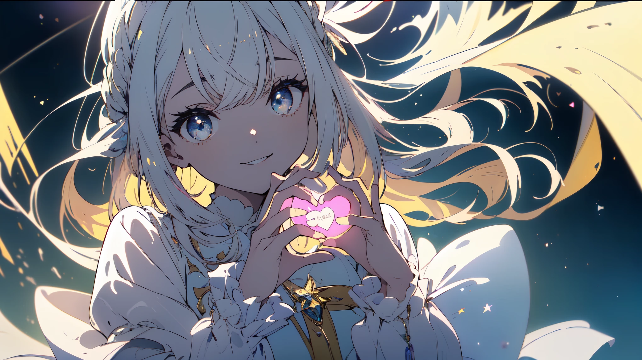 ((Obra maestra)), ((of the highest quality)), ((high resolution)), ((Muy detallado、 Fondo de pantalla 8K)), chica、(ojos brillantes)、vestido ta、la mejor sonrisa、Make a heart with both hands.、hermoso anime