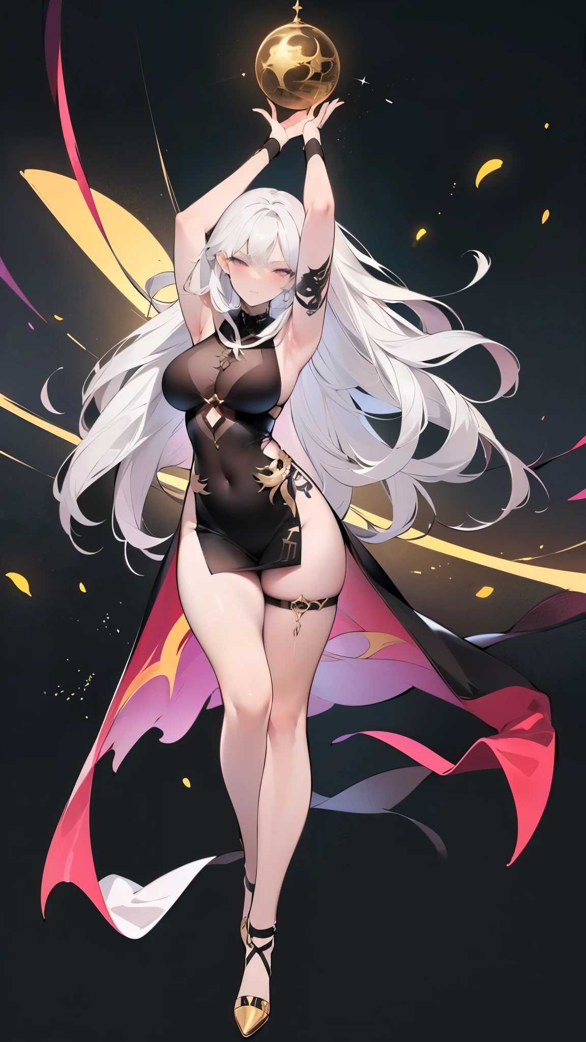 ((ultra high quality)), (((hyper detailed))), long wavy hair, (glowing white hair), gold highlights, (((anatomically correct))), sexy black and gold mage outfit, 1 girl, (((airborne))), looking down, mage, (((magical aura))), big breasts, medium thighs, (closed high heels), (((arms spread, arms lifted, magic coming from hands))), ((serious face, mask on)), dark, evil villain, night, (((celestial being))), long cape, (((full body tattoos))), (((high quality anatomically correct hands))), ((((partially see-through body))))