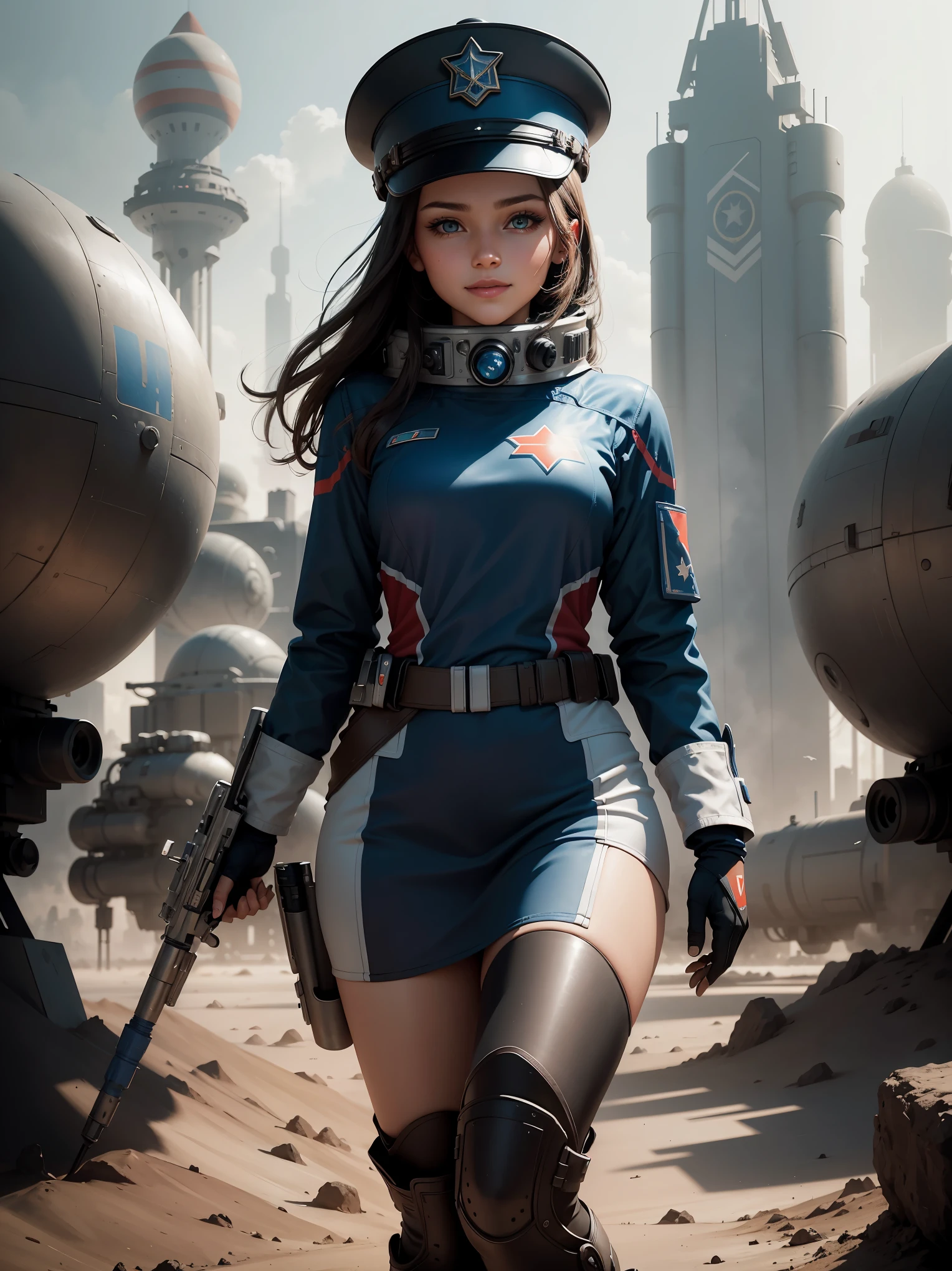 masterpiece, full-length, Soviet girl space cadet, beautiful blue-black tight uniform, on the shoulder a chevron with an image with a stylized bird and a rocket, a cap on her head, a dreamy smile, huge brown eyes, a brunette, looking into the distance not at the viewer, in the background a fantastic Sci-fi landscape of the cosmodrome of the future, HDR, ultrarealism, super quality, 8k, depth of light and shadow,