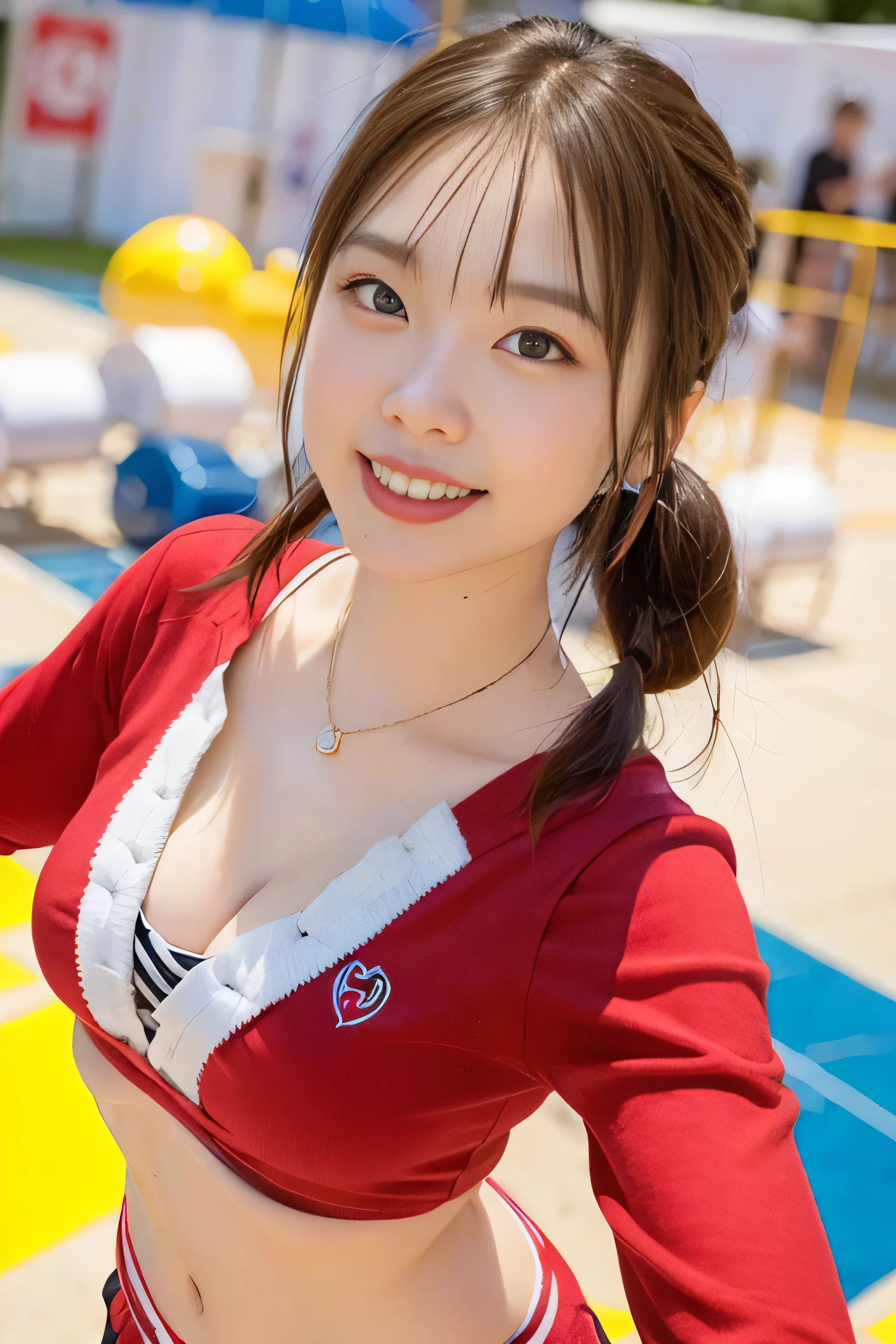 (8k、RAW photo、highest quality、masterpiece:1.2)、(realistic、Photoreal:1.37)、Super detailed、超A high resolution、1 girl、see the beholder、beautiful and detailed face、laughter、narrow、(slim waist) :1.3)、Fine and beautiful skin、skin texture、floating hair、professional lighting、as a whole human body、twin tail hairstyle、cheerleader uniform、、playground、bob hair、smile、、baby face、Young Smile、no makeup、moisturizing lip cup chest、Navel exposure、crack your abs、sleeveless、cleavage