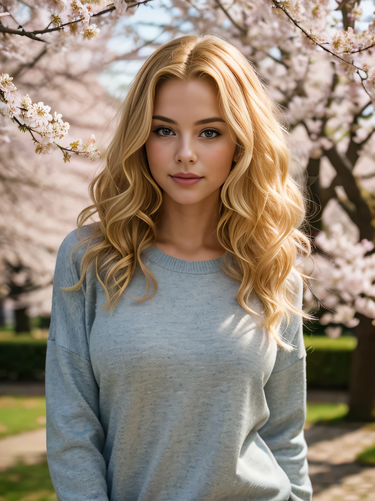 Masterpiece, photo of Nice age 25, girl, blondes Haar, lockige Haare, curly hair, sexy, Nice, pullover grau, Portait, dslr, 8k, 4k, Filmstill, Natural skin, strukturierte Haut, outside, Spring, Cherry blossoms