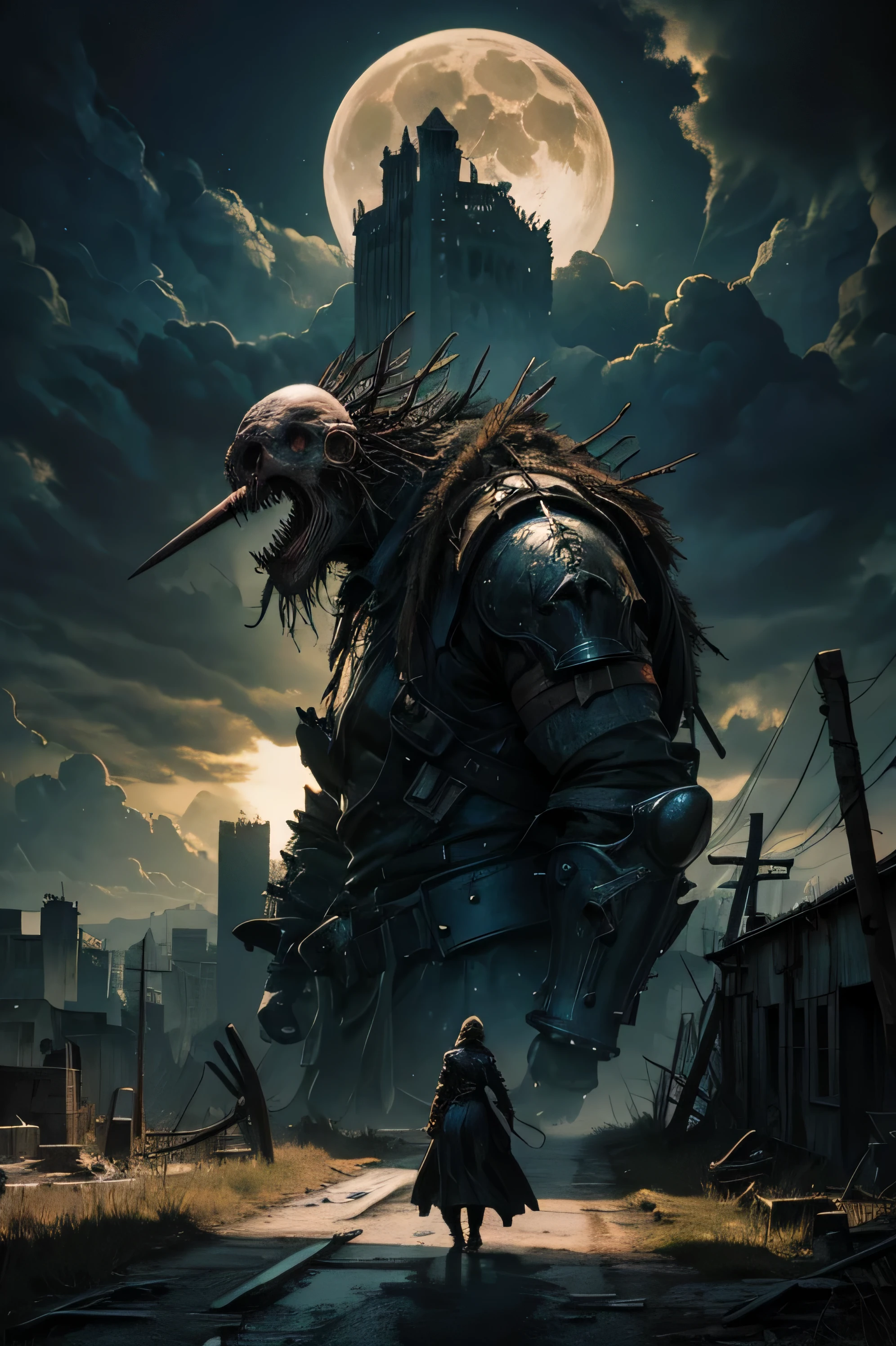 Amidst the ruins of the forsaken asylum, a grotesque and obese woman with a stork-like head in profile towers over the desolate landscape, her enormous, staring eye, as big as a full moon, casts an eerie and piercing gaze through the darkness, utterly terrifying in its size and intensity. The harsh, gritty textures of the surroundings are captured in extreme photographic detail, the crumbling walls and rusted metal amplifying the sense of terror in the air. The style is reminiscent of gothic and surrealist art, with deep, saturated colors and stark contrasts. The wide, underground realm is shrouded in an