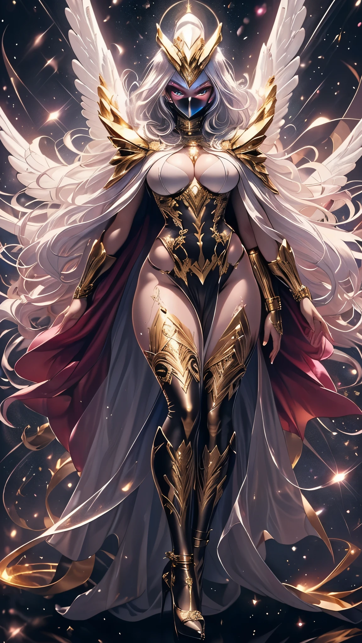 ((ultra high quality)), (((hyper detailed))), long wavy hair, (glowing white hair), gold highlights, (((anatomically correct))), sexy black and gold mage outfit, 1 girl, (((airborne))), looking down, mage, (((magical aura))), big breasts, medium thighs, (closed high heels), (((arms spread, arms lifted, magic coming from hands))), ((serious face, mask on)), dark, evil villain, night, (((celestial being))), long cape, (((full body tattoos))), (((high quality anatomically correct hands))), ((((partially see-through body))))