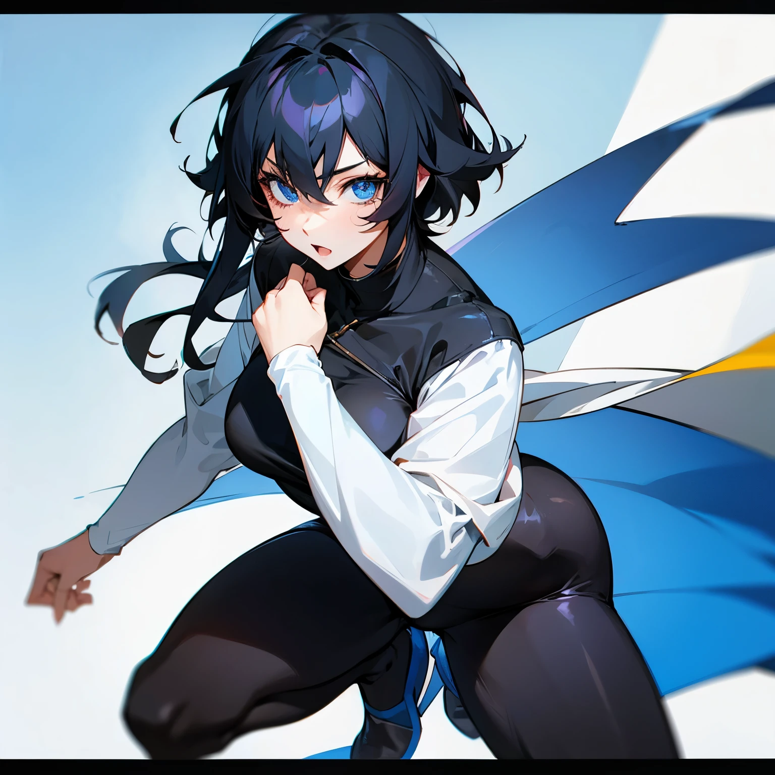 Transsexual anime girl in tights with blue eyes and black hair
