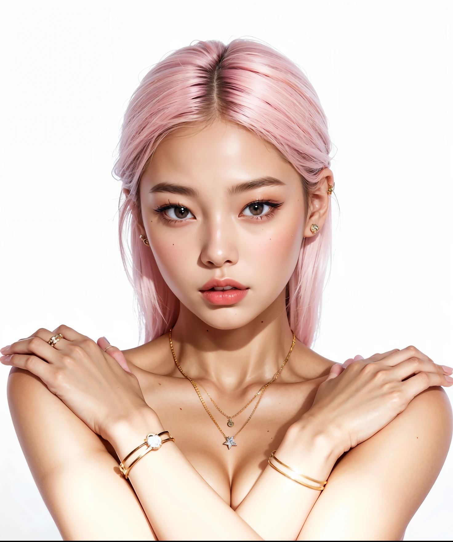 A close up of a woman with pink hair and a necklace - SeaArt AI