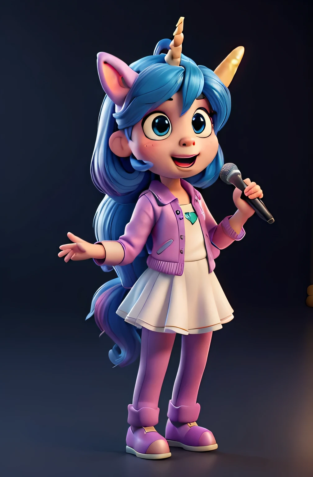 cartoon unicorn with blue hair and a black horn, (((Holding a microphone, singing))) unicorn, white unicorn, unicorn from the tusk movie, blue unicorn, a unicorn, 3 d cavalo pet shop, unicorns, unicorn horn, bonitinho digital art, bonitinho 3 d render, bonitinho cartoon character, Chibi, bonitinho character, personagem toonix, anthropomorphic mare, my little Pony, bonitinho (((movimento)))