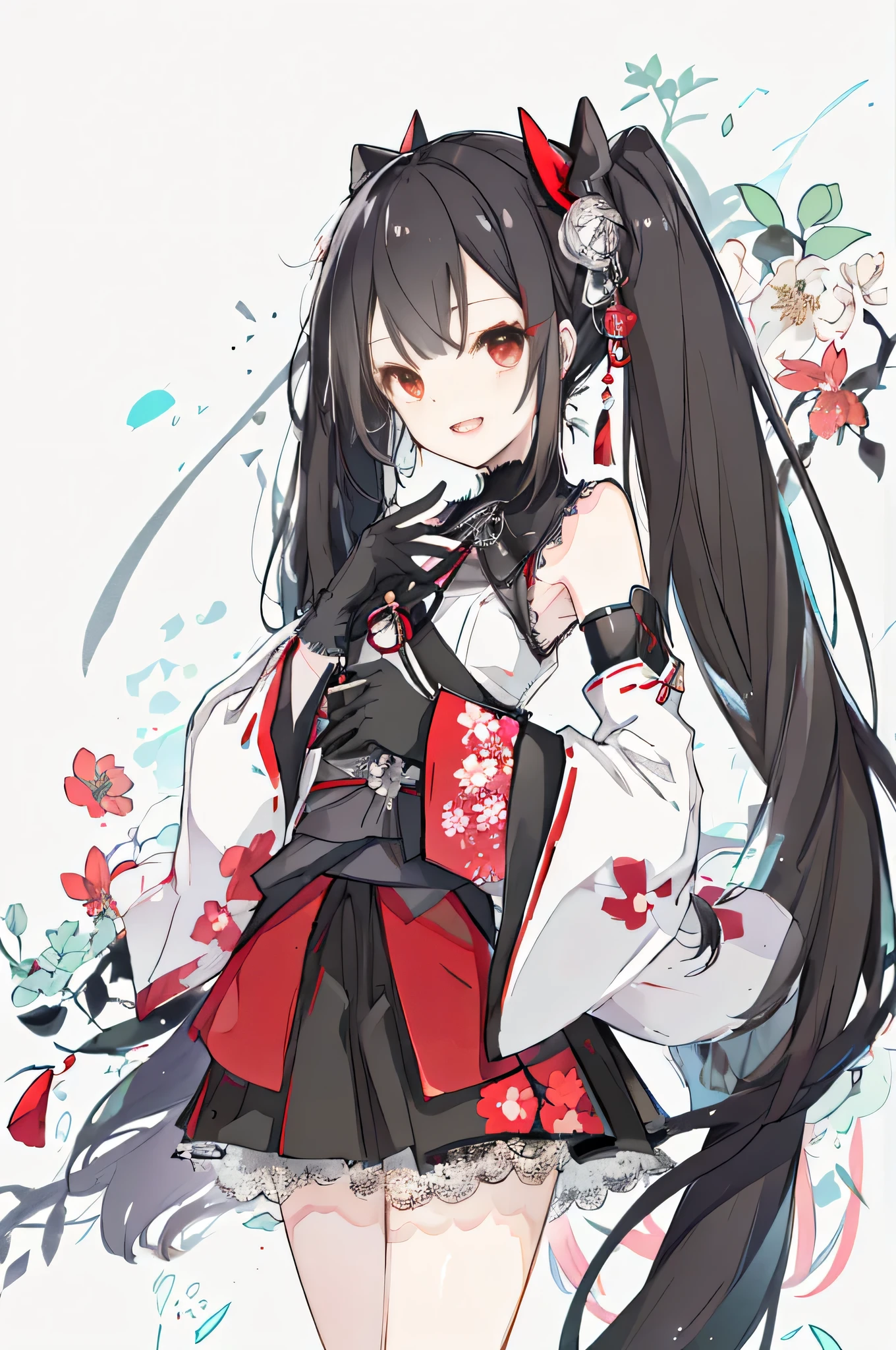 1girl, hatsune miku, solo, gloves, long hair,  twintails, flower, japanese clothes, hair ornament, white background, holding, very long hair, black gloves, lace gloves, simple background, hair flower, kimono, lace, open mouth, red flower, wide sleeves, sash, lace trim, smile, floral print, red eyes, tassel, bare shoulders, earrings, cowboy shot, jewelry, black hair, hair between eyes, obi, aqua skirt, skirt, strapless, looking at viewer, detached sleeves, detached collar, striped, frills, bangs,((black hair)),red eyes,