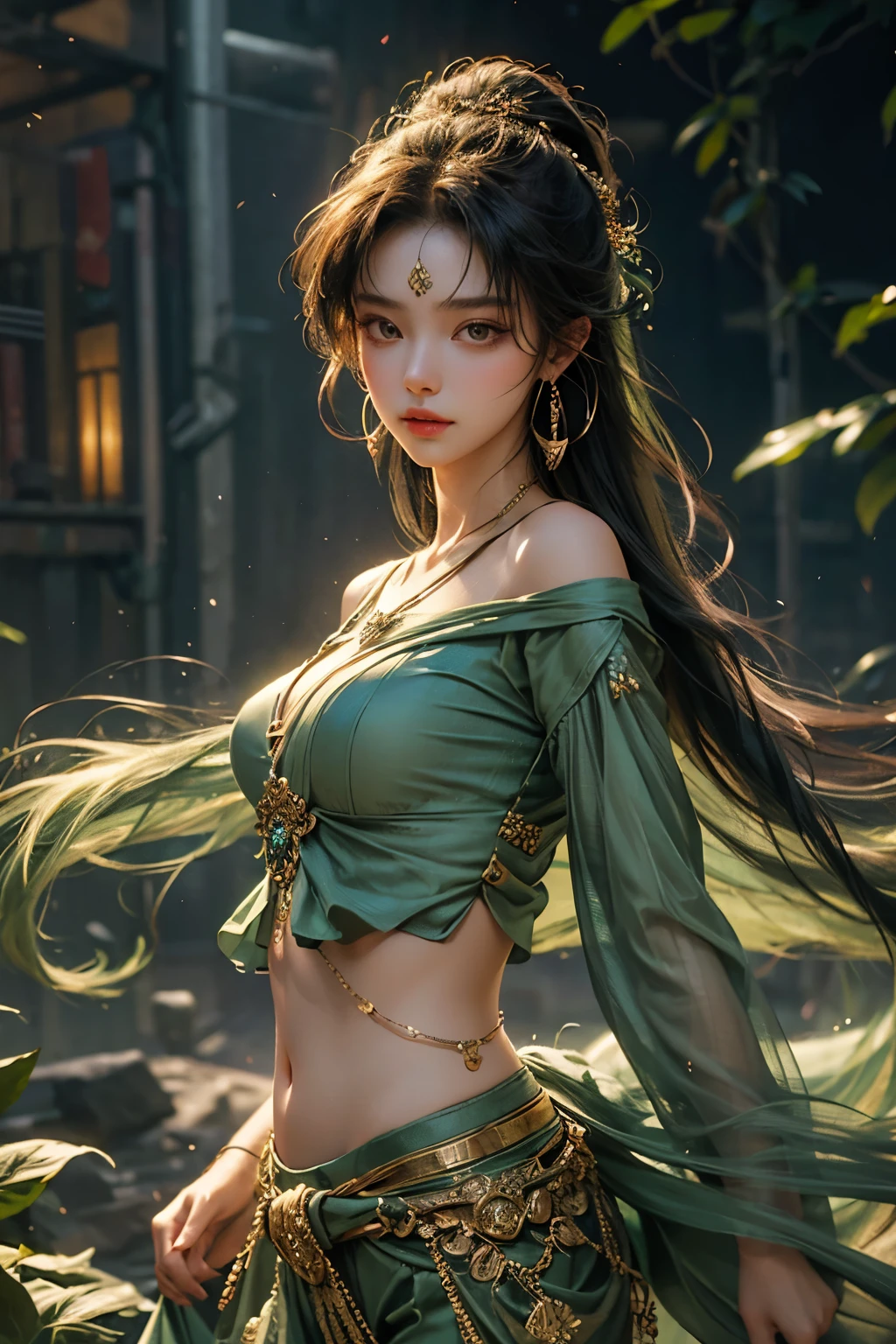 Masterpiece, best quality, solo, 1 girl, glowing skin, hoop earrings, glamorous, exotic details, straight hair, mesmerizing, wearing green long textured top, long pants, contraption, professional model, front face, portrait