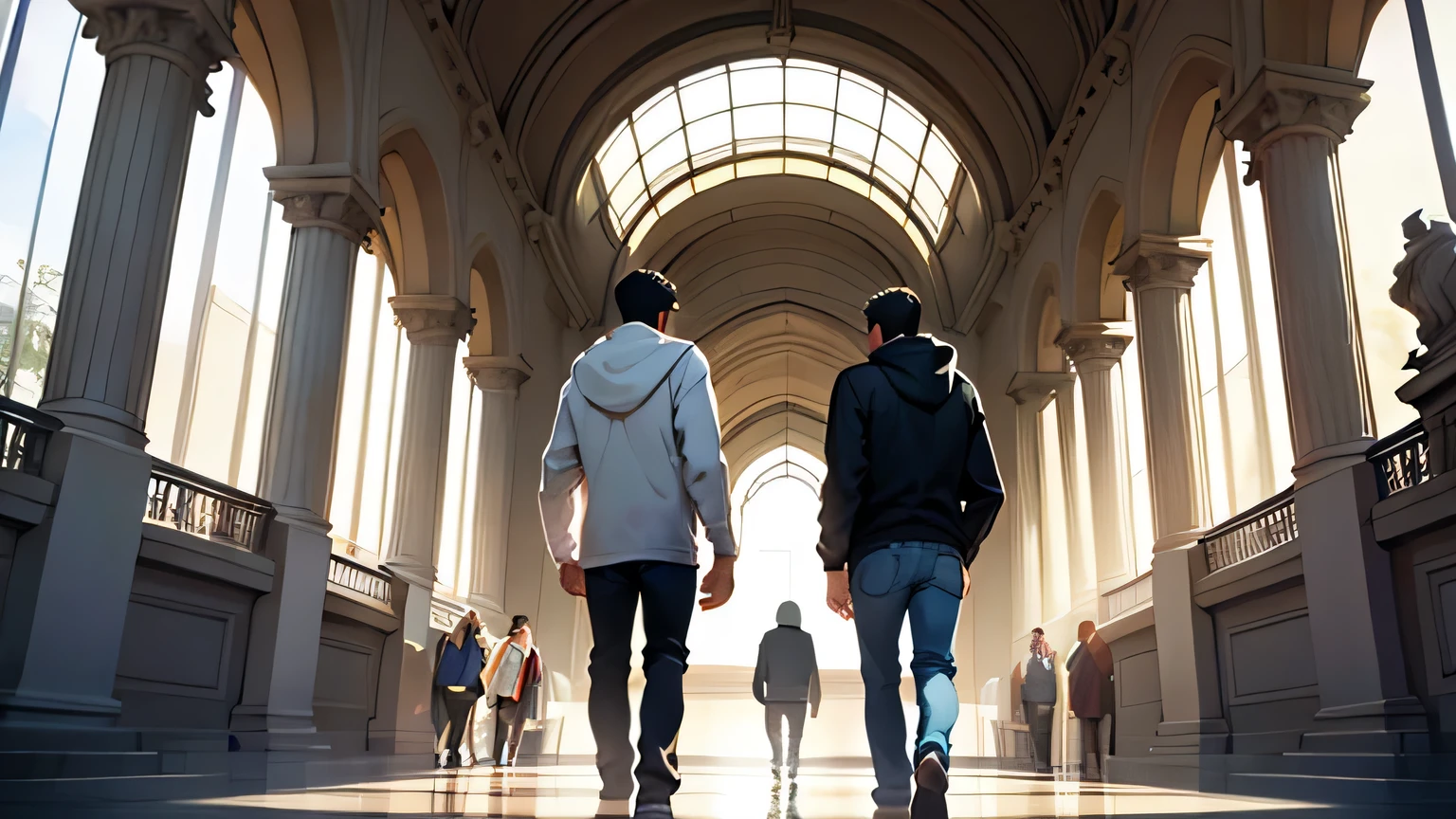 two men walking towards a museum entrance. one wears a hoodie and the other wears a white shirt a shirt. back view